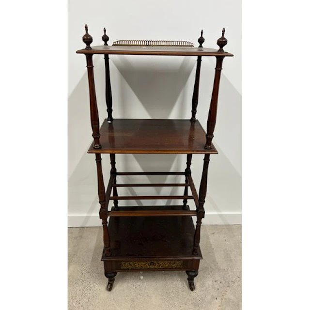 Vintage mahogany what not with four topped finials and decor...