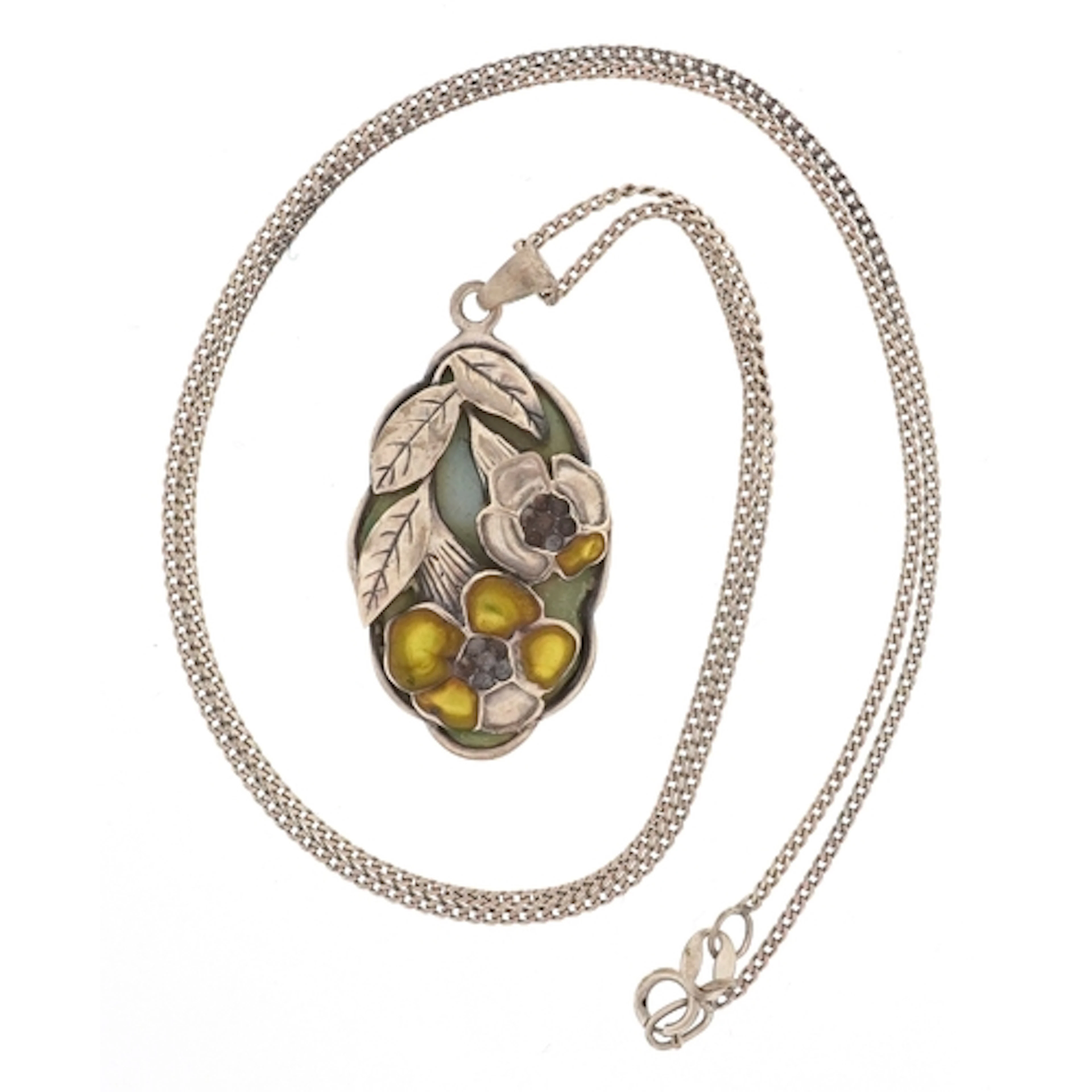 Modernist silver mother of pearl and enamel floral pendant o...