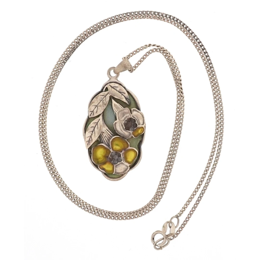 Modernist silver mother of pearl and enamel floral pendant o...