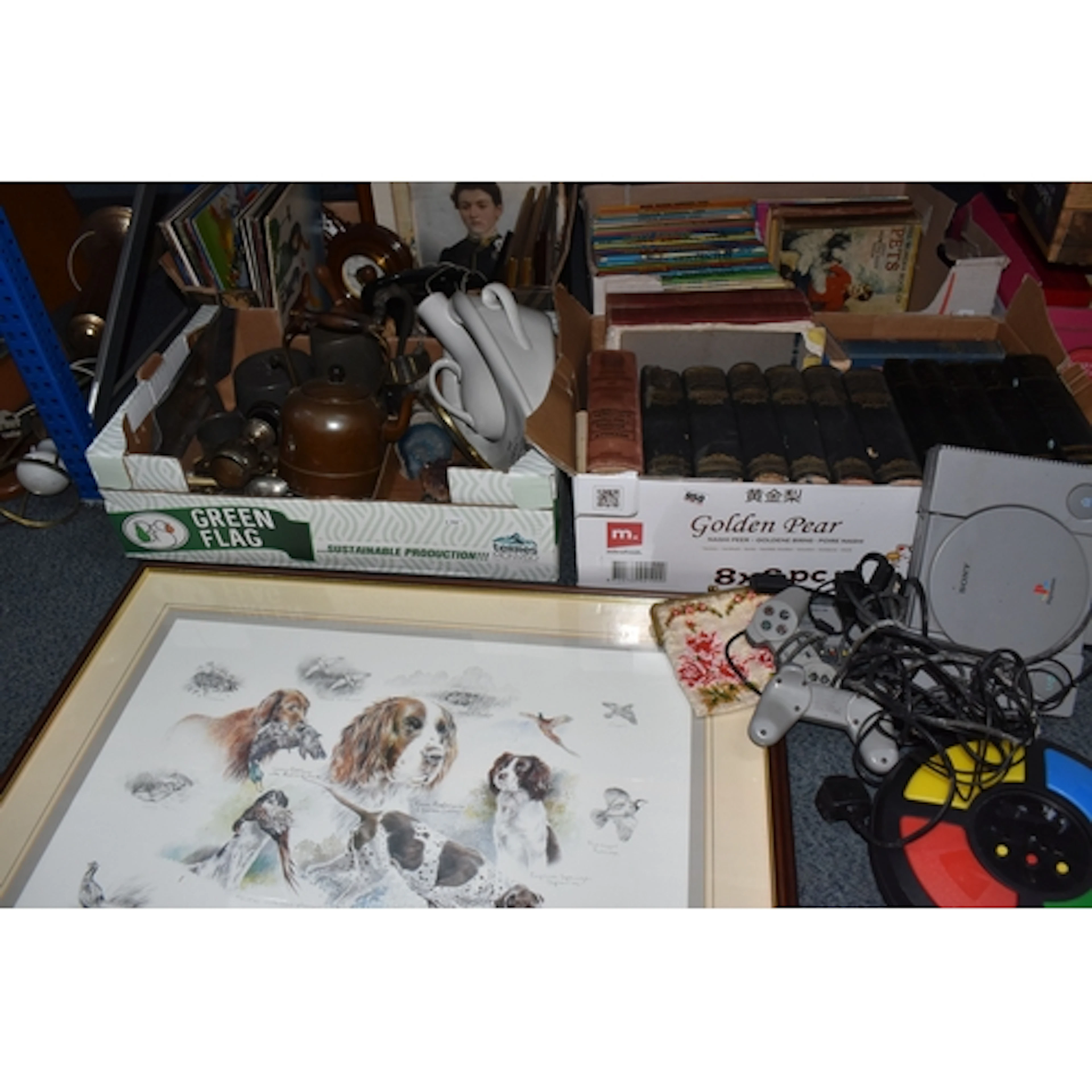 FOUR BOXES AND LOOSE PICTURES, BOOKS AND MISCELLANEOUS ITEMS...
