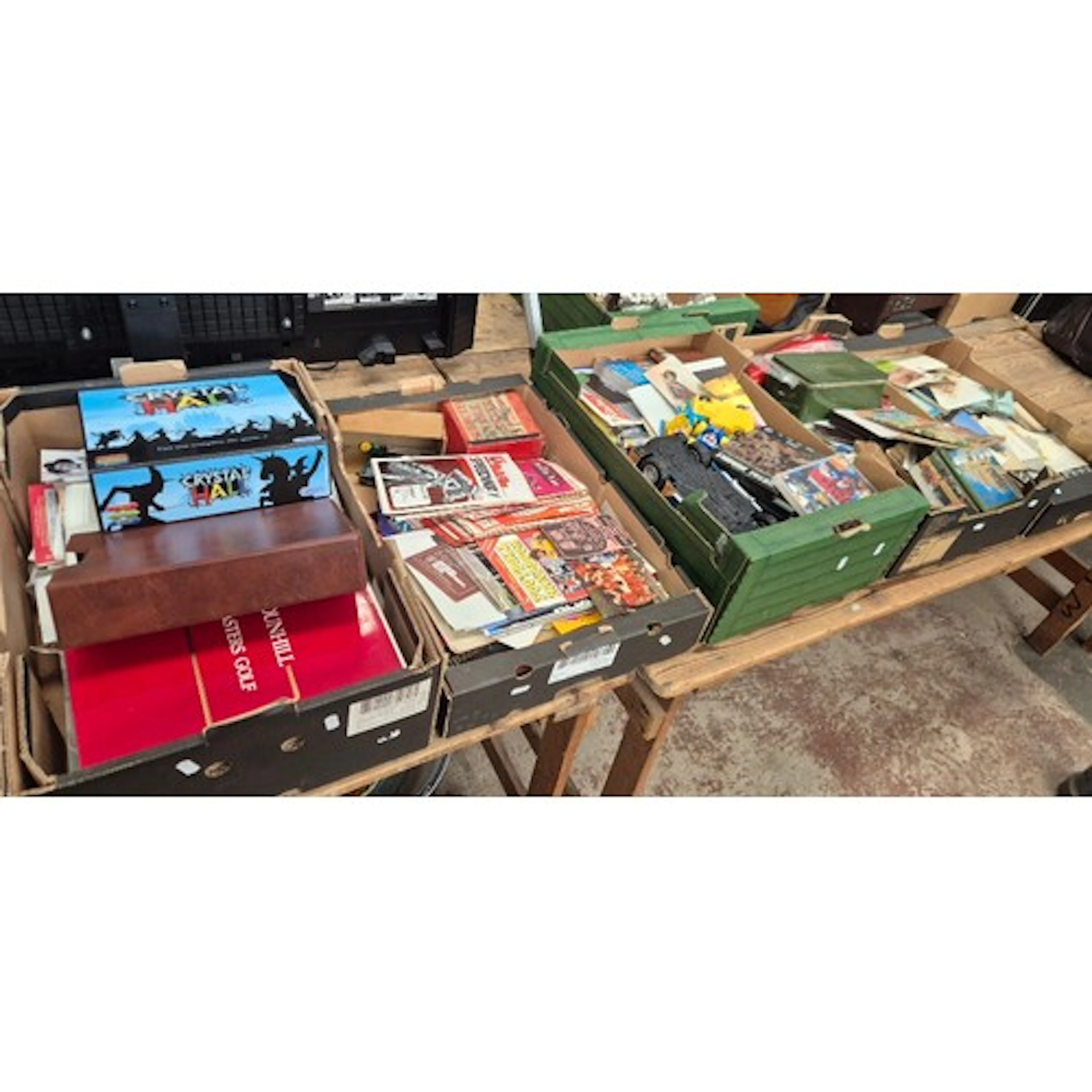 5 boxes of mixed items including postcards, football progra...