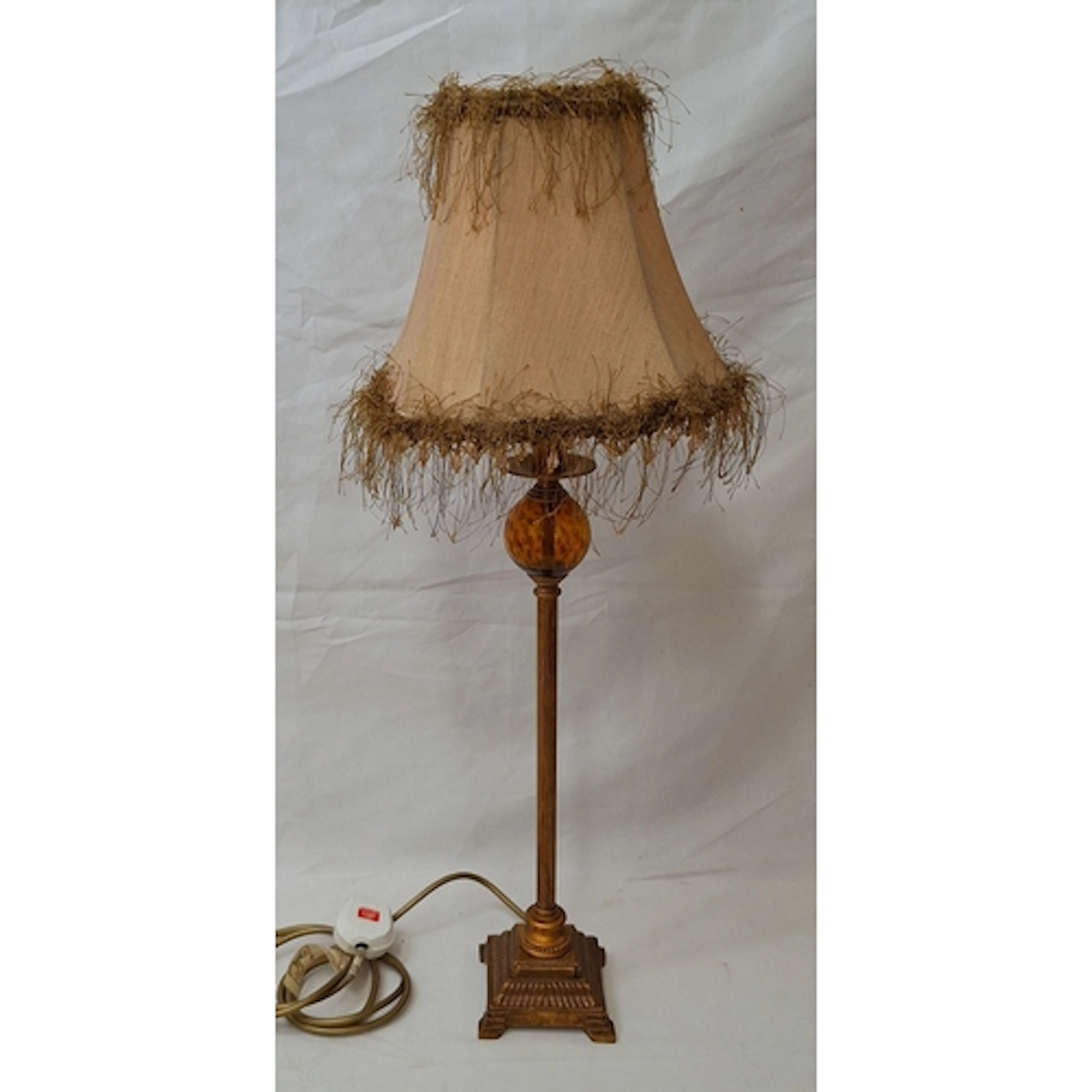 Antiqued Copper Column Lamp with decorative amber glass ball...