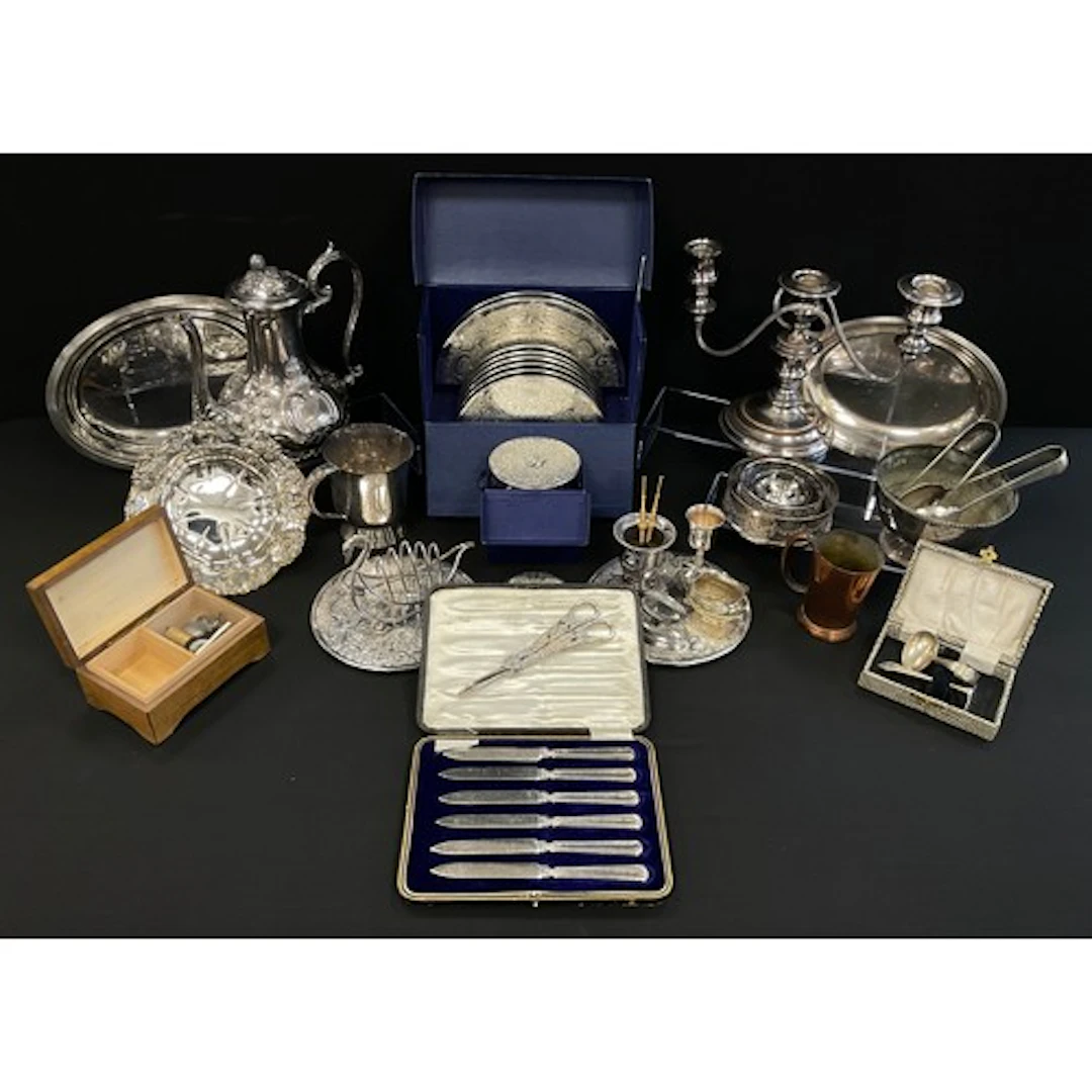 Silver & Plate - a cased set of six silver hafted knives; o...
