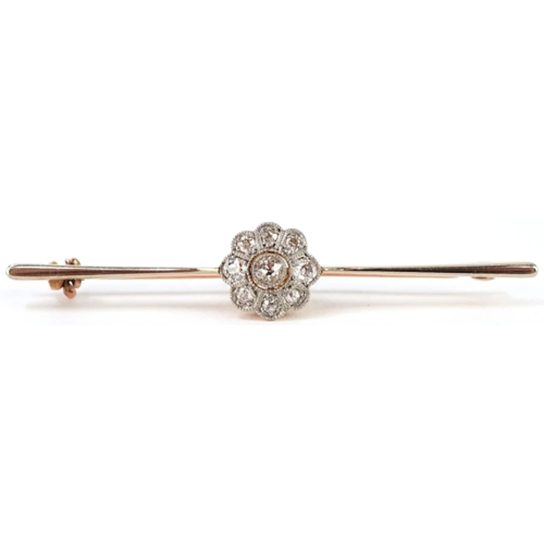 15ct gold and platinum diamond flower head bar brooch, 5.8cm...