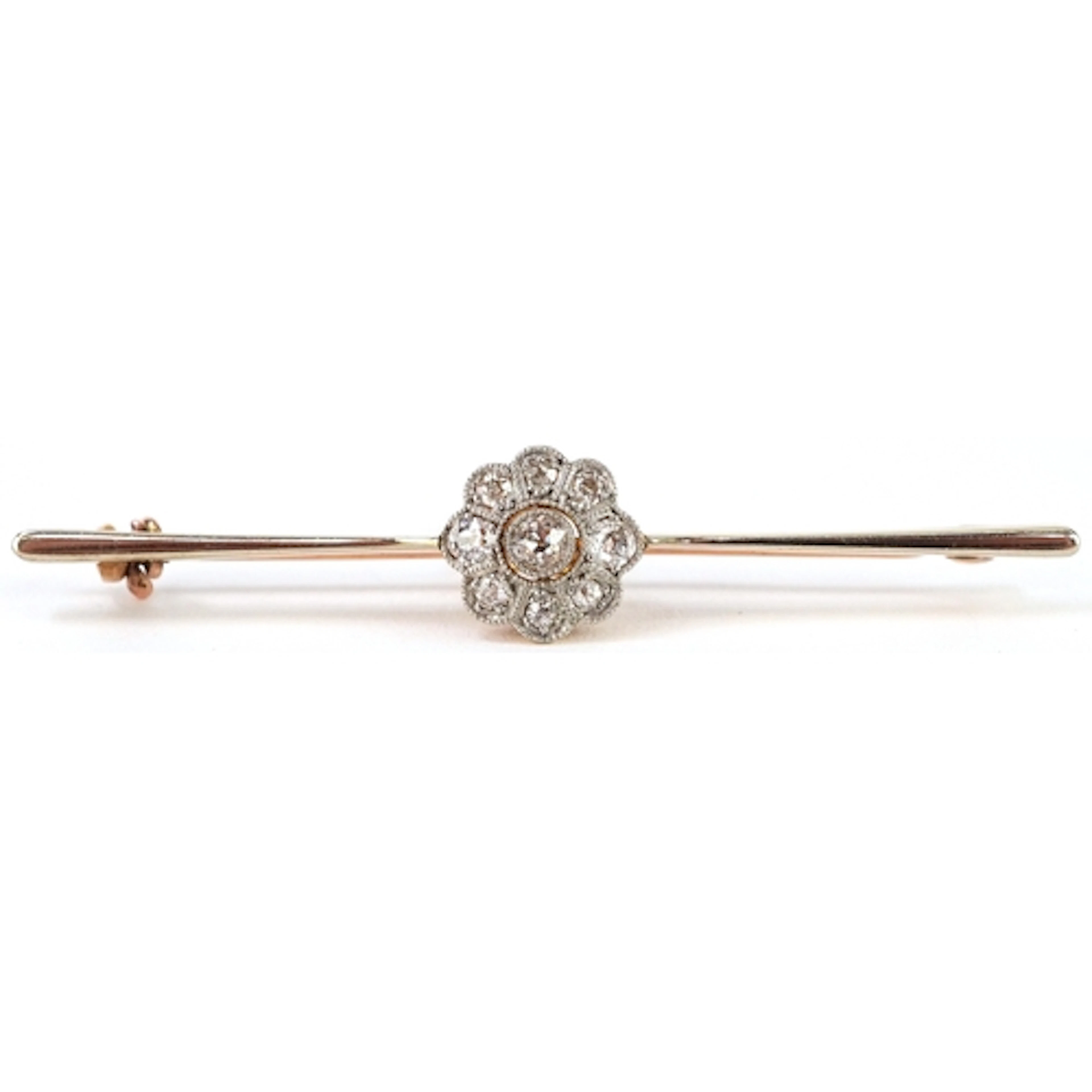 15ct gold and platinum diamond flower head bar brooch, 5.8cm...