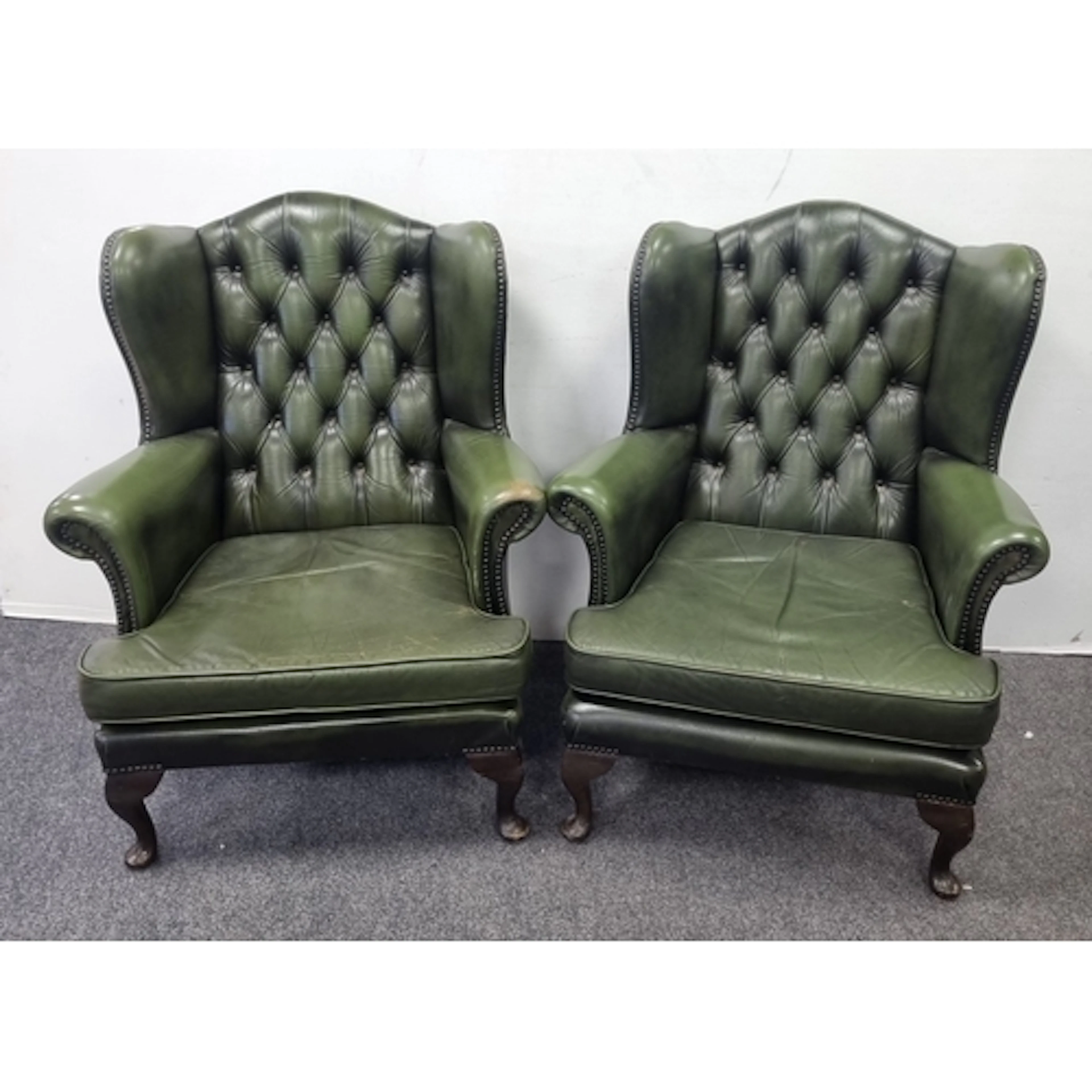 Pair of Chesterfield-Style Green Leather Wingback Armchairs ...