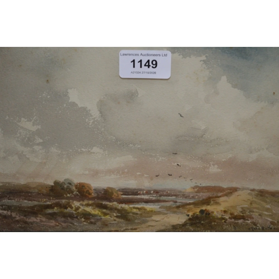 St. John Burton, watercolour, landscape with distant cattle,...