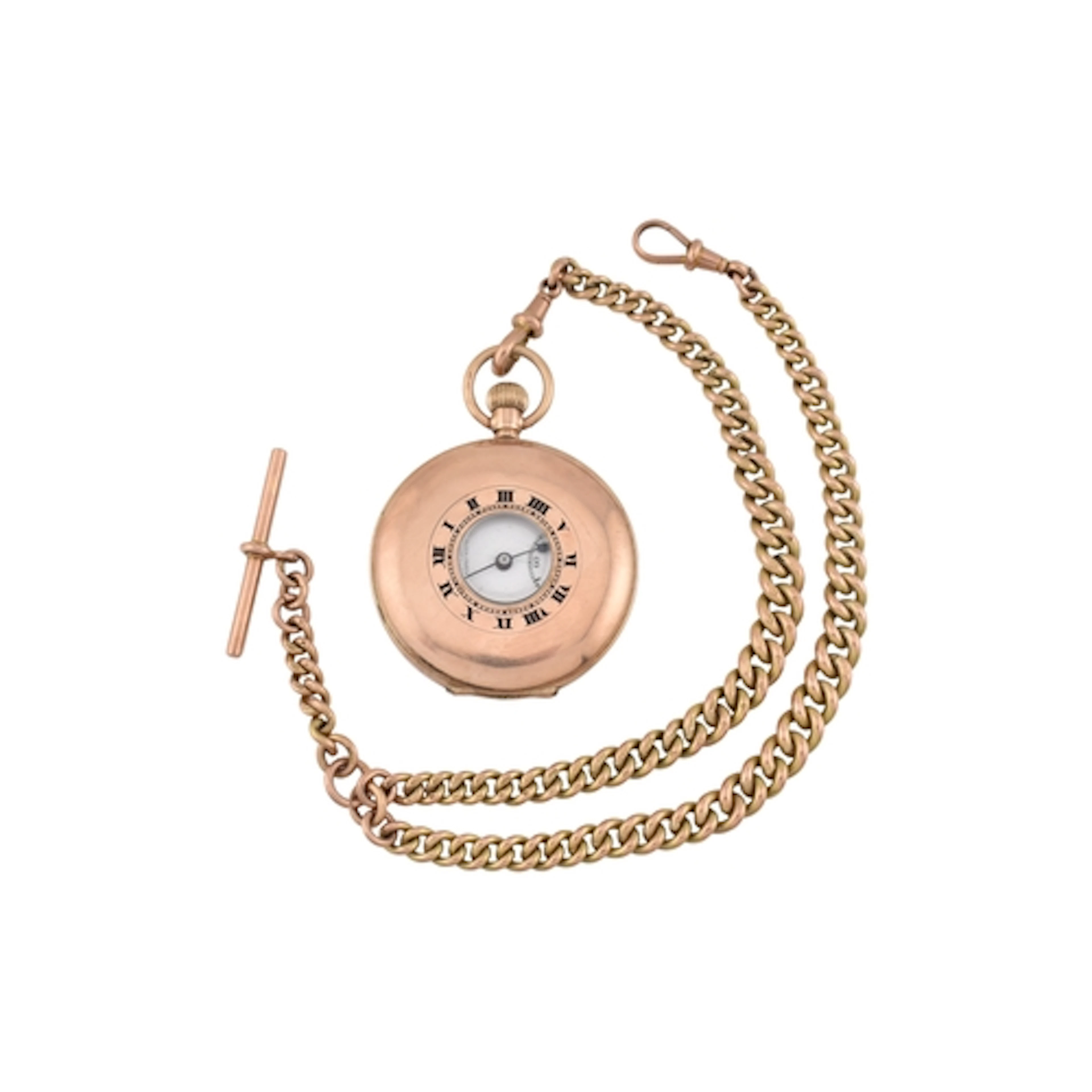 A hallmarked 9ct gold half hunter pocket watch and albert ch...