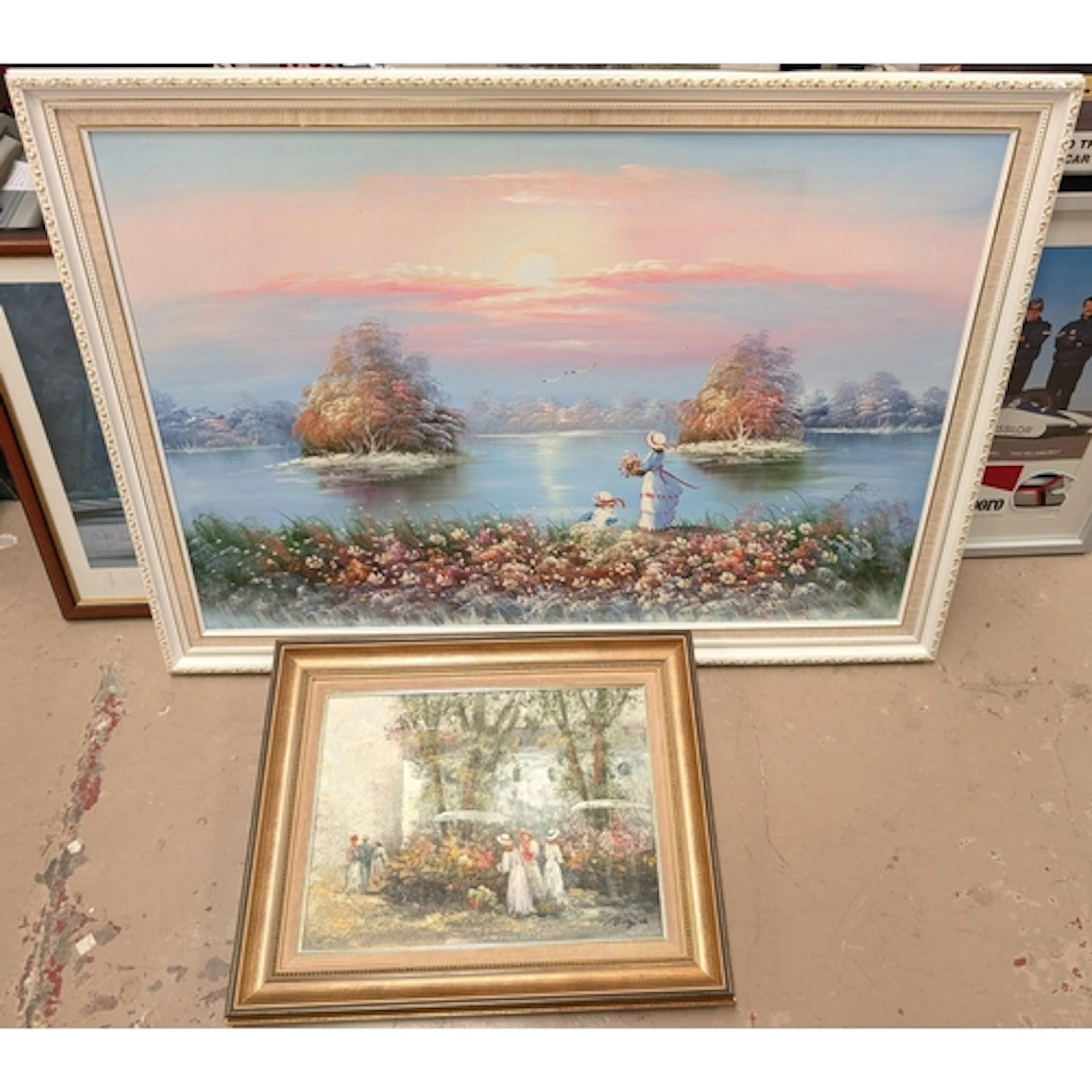 An oil on canvas of girls collecting flowers, signed indisti...
