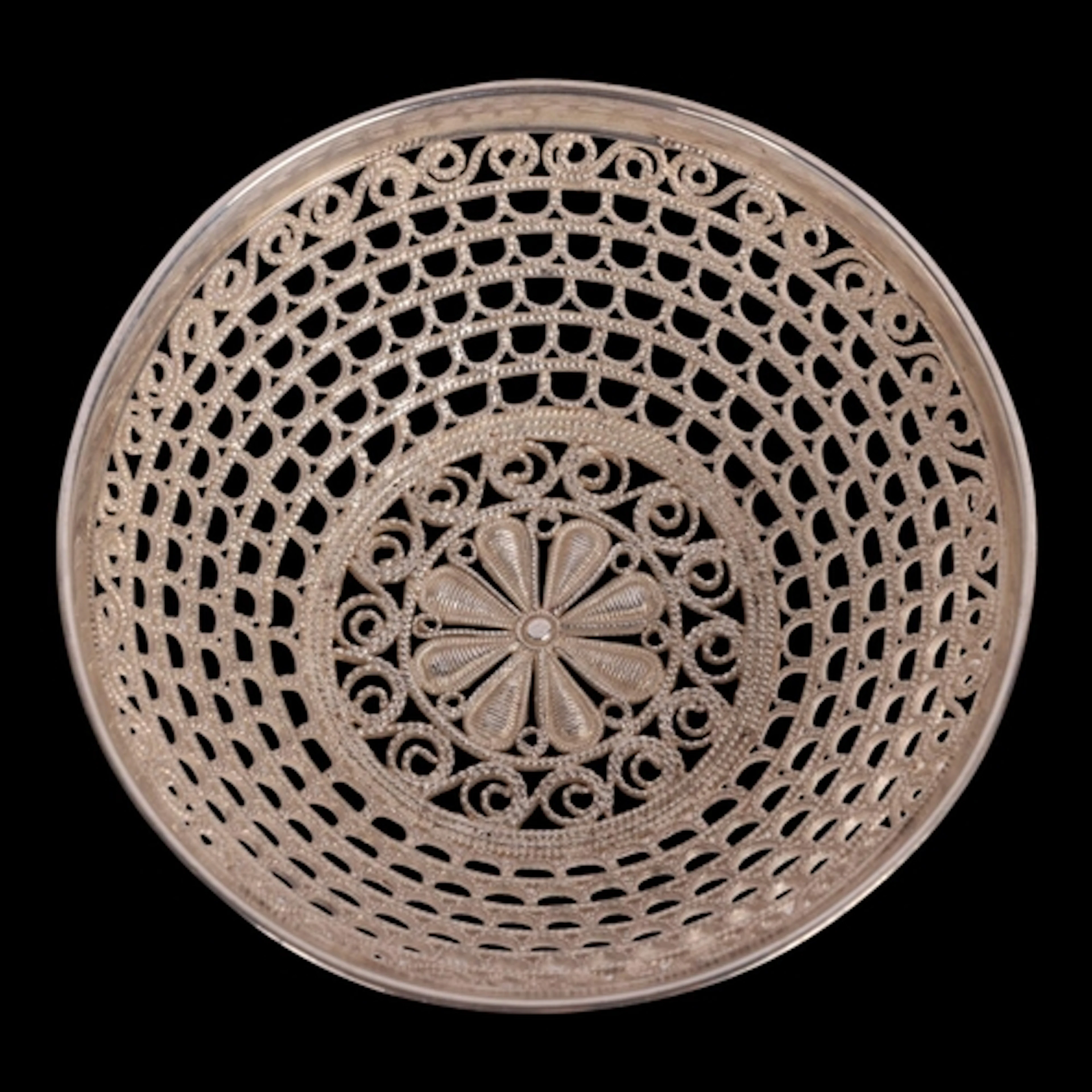 A Continental silver filigree bowl, allover scrolled wirewor...