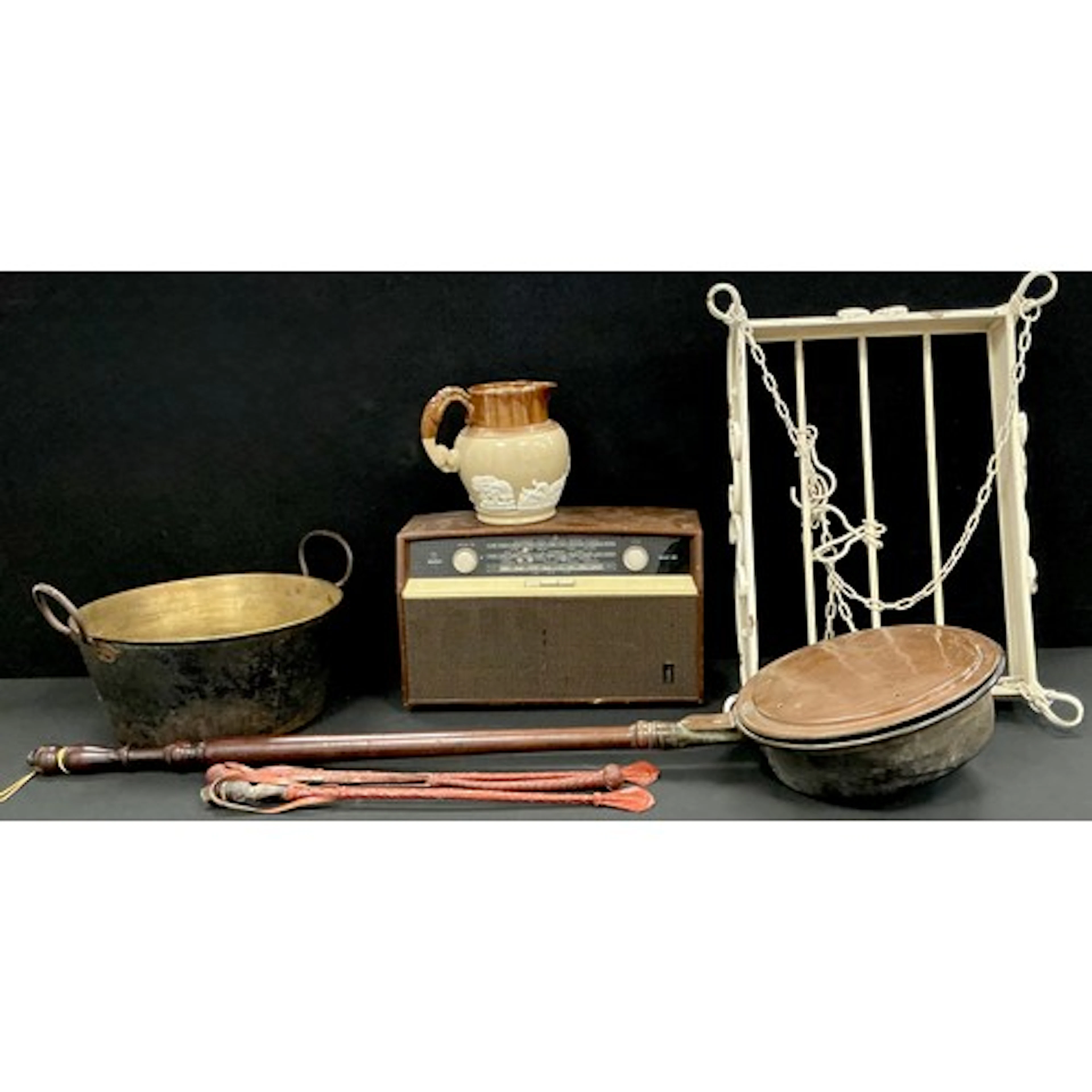 A Victorian brass twin handled jam pan; copper bed warming p...