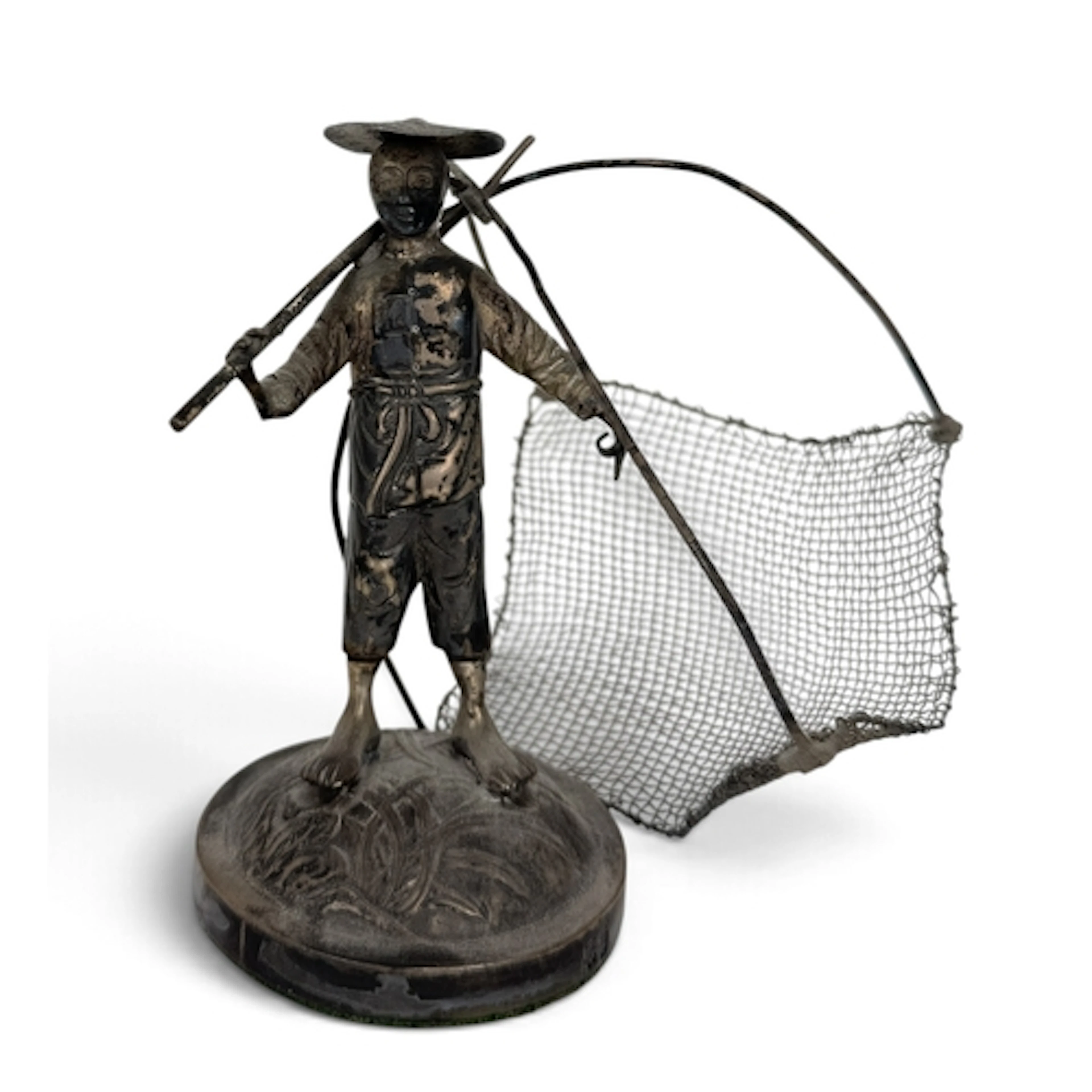A WEIGHTED CHINESE SILVER FIGURE OF A FISHERMAN WITH NET On ...