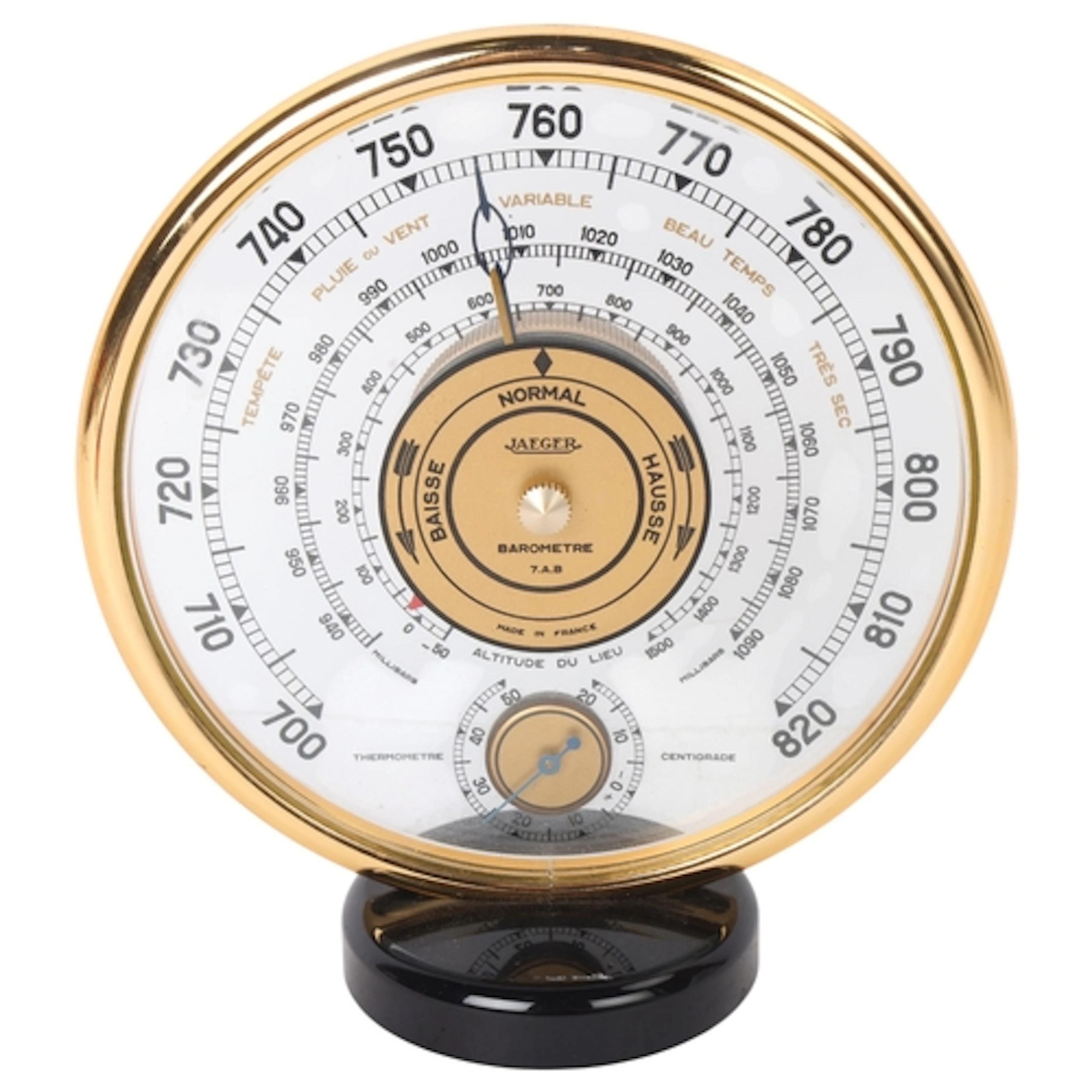 A Jaeger desk-top weather station with glass front and back,...
