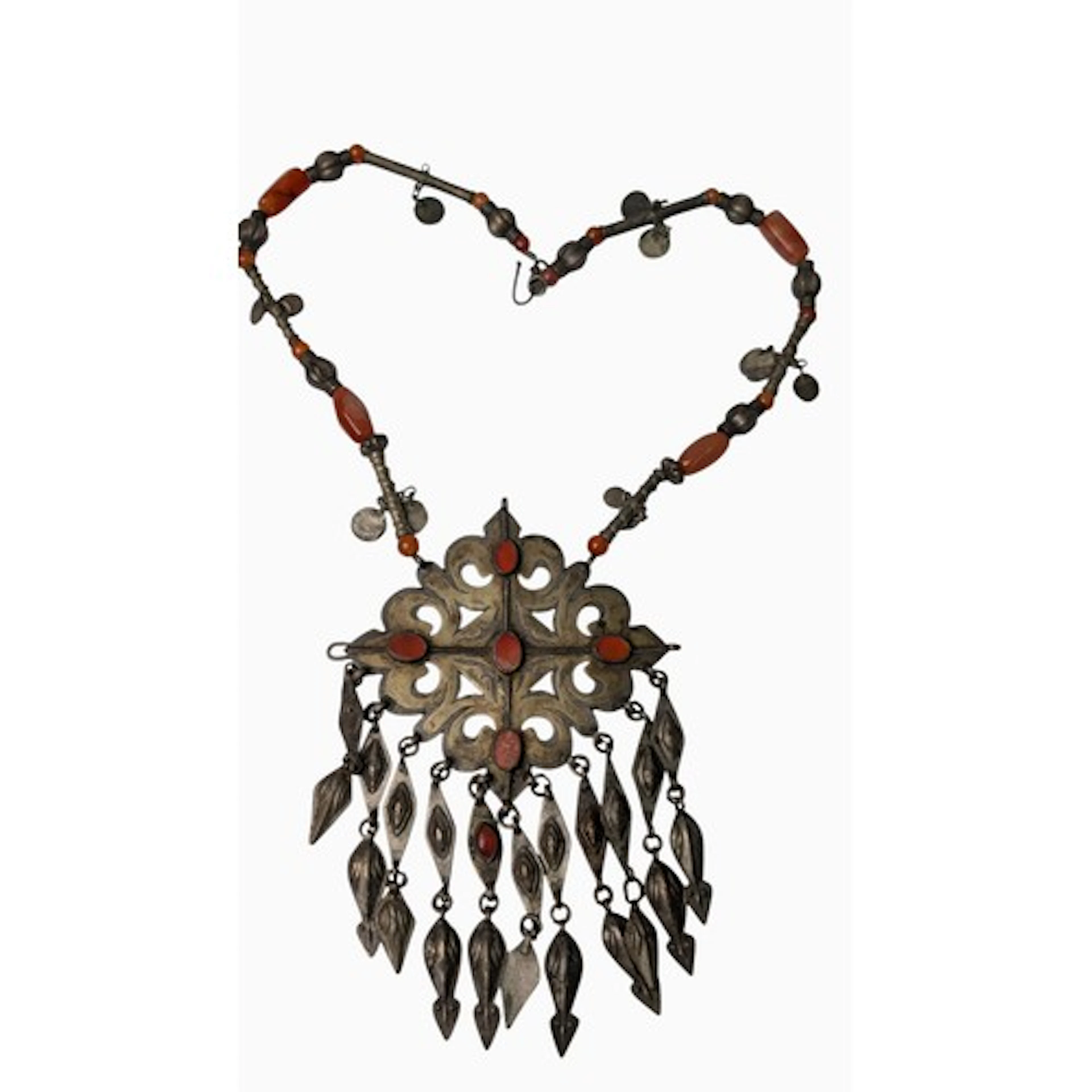 Turkmen white metal and carnelian pendant necklace, with gil...