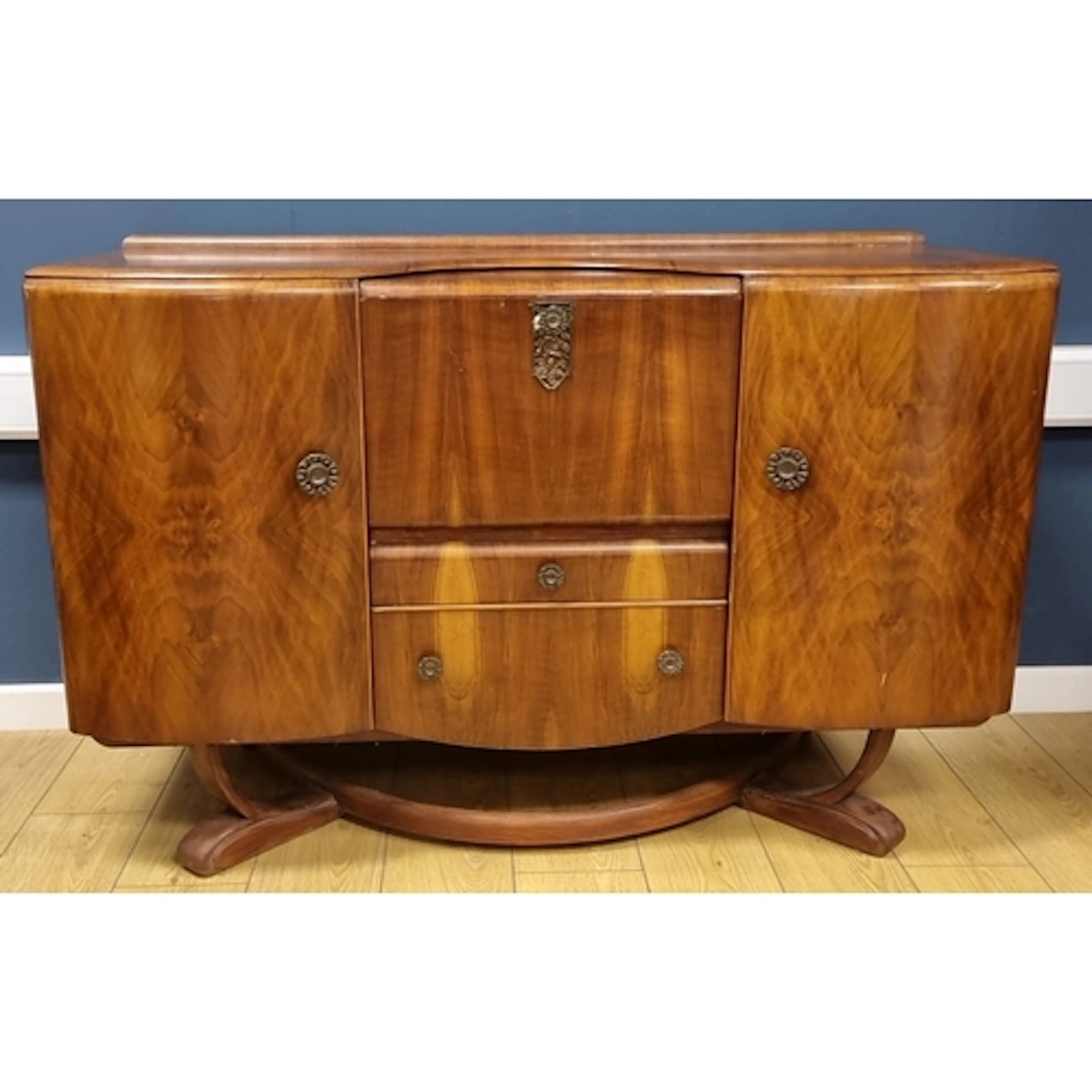 Art Deco-style walnut-veneered cocktail cabinet with curved ...