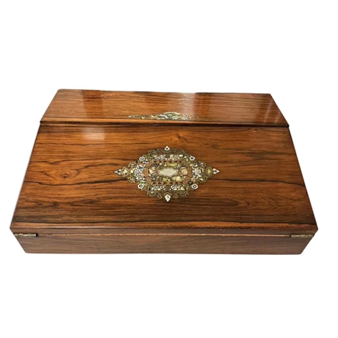 A Victorian abalone and cut brass inlaid rosewood writing sl...