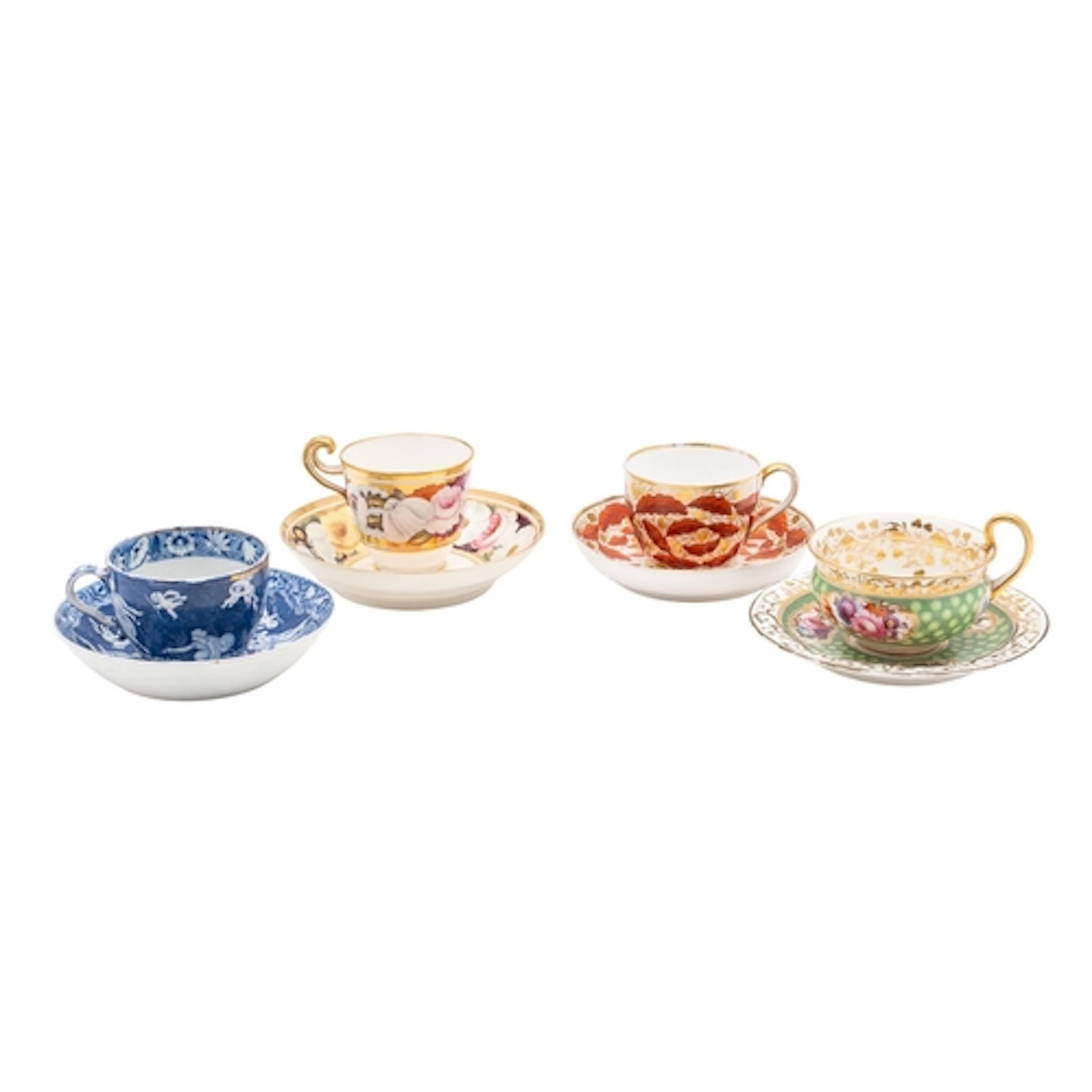 A group of four English cups and saucers, early 19th century...