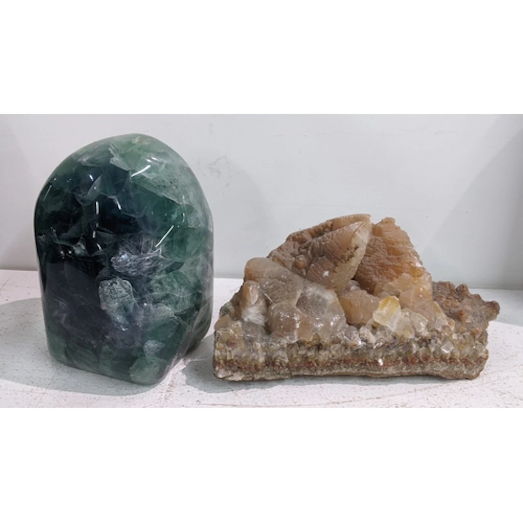 A fluorite mineral specimen, 15H together with a British cal...