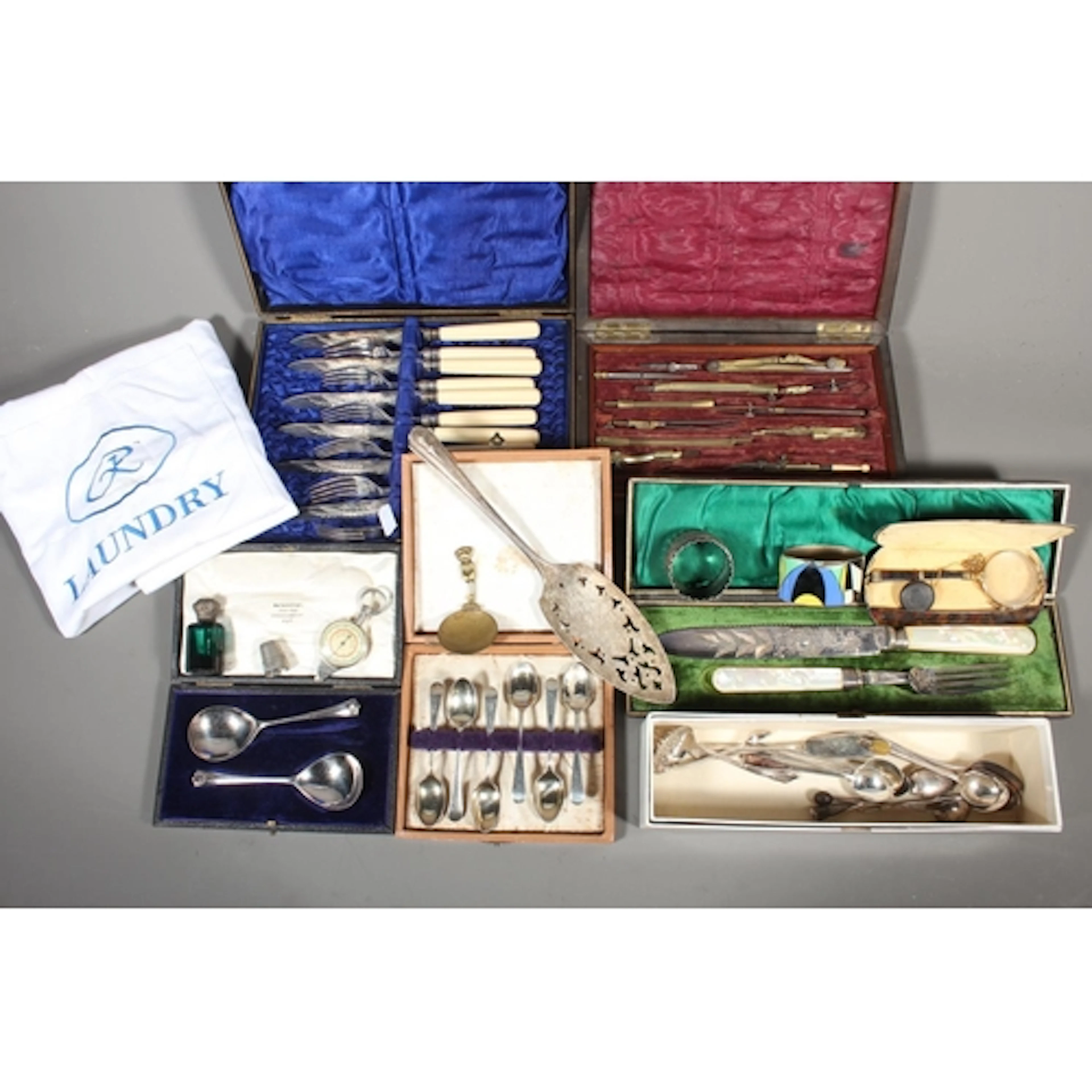Birds eye walnut cased architects drawing set, cased set of ...