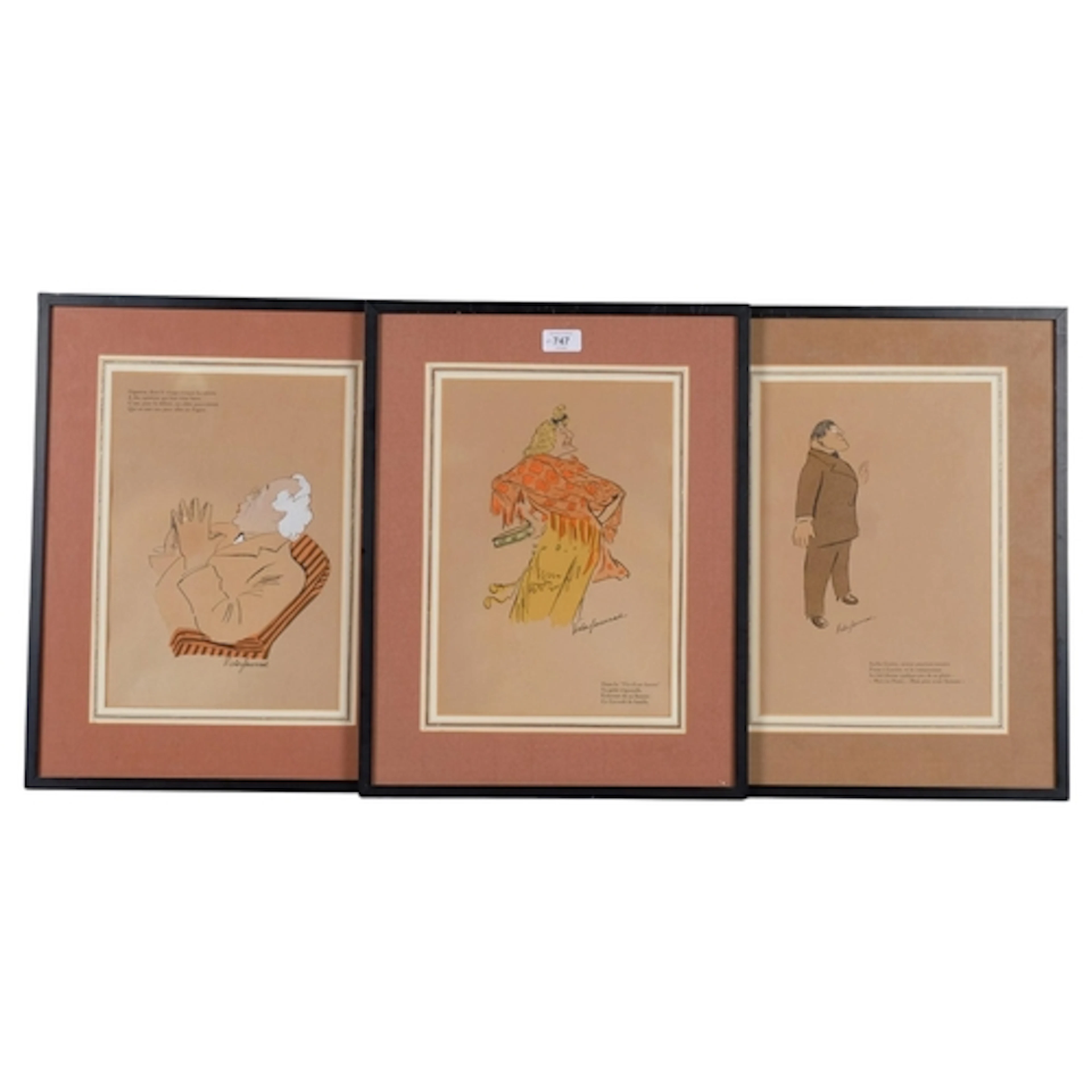 Victor Fournat, 3 theatrical caricature prints, 33cm x 22cm,...