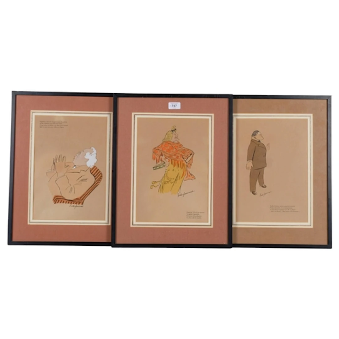 Victor Fournat, 3 theatrical caricature prints, 33cm x 22cm,...