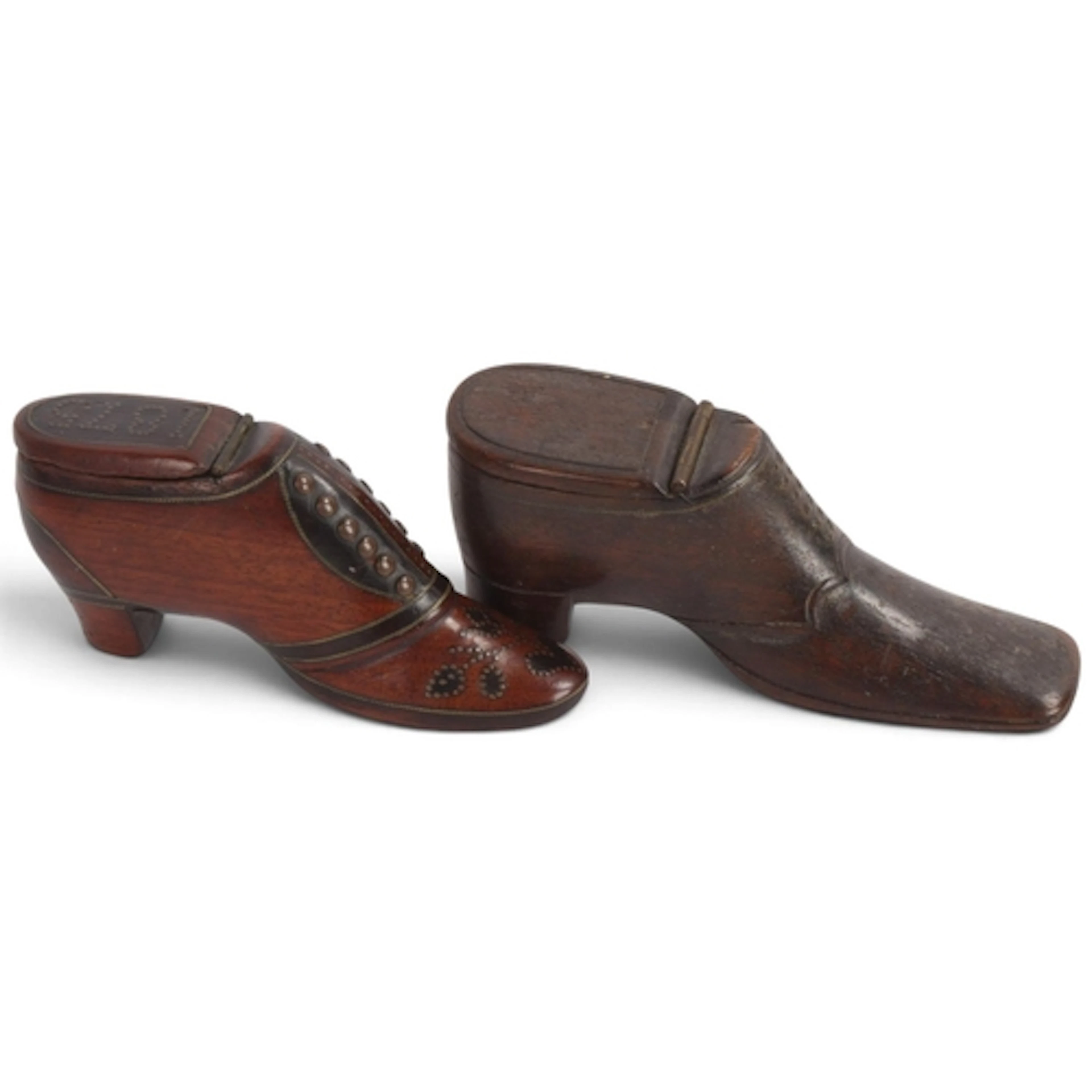 Two 19th century snuff shoes with hinged lids, one in mahoga...
