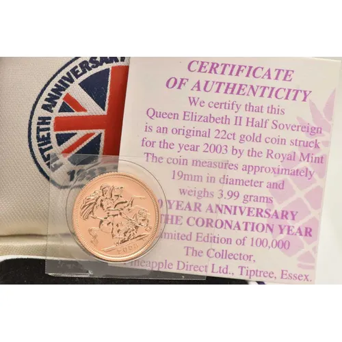 Gold. A 2003 cased Half Sovereign coin with COA stated weigh...