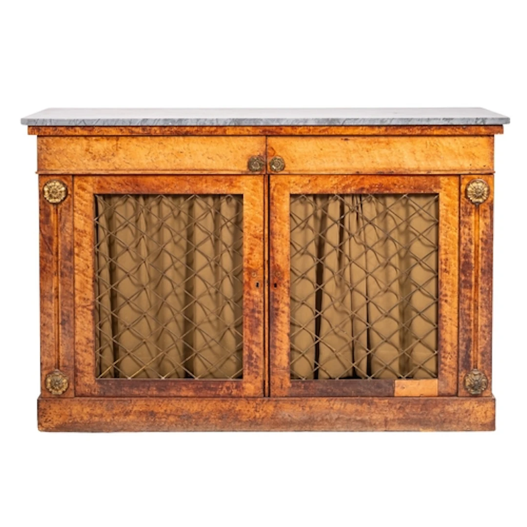 A George IV birdseye maple and later marble topped side cabi...