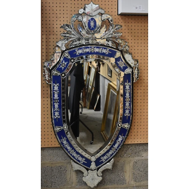 A large early 20th Century Venetian glass mirror with cobalt...