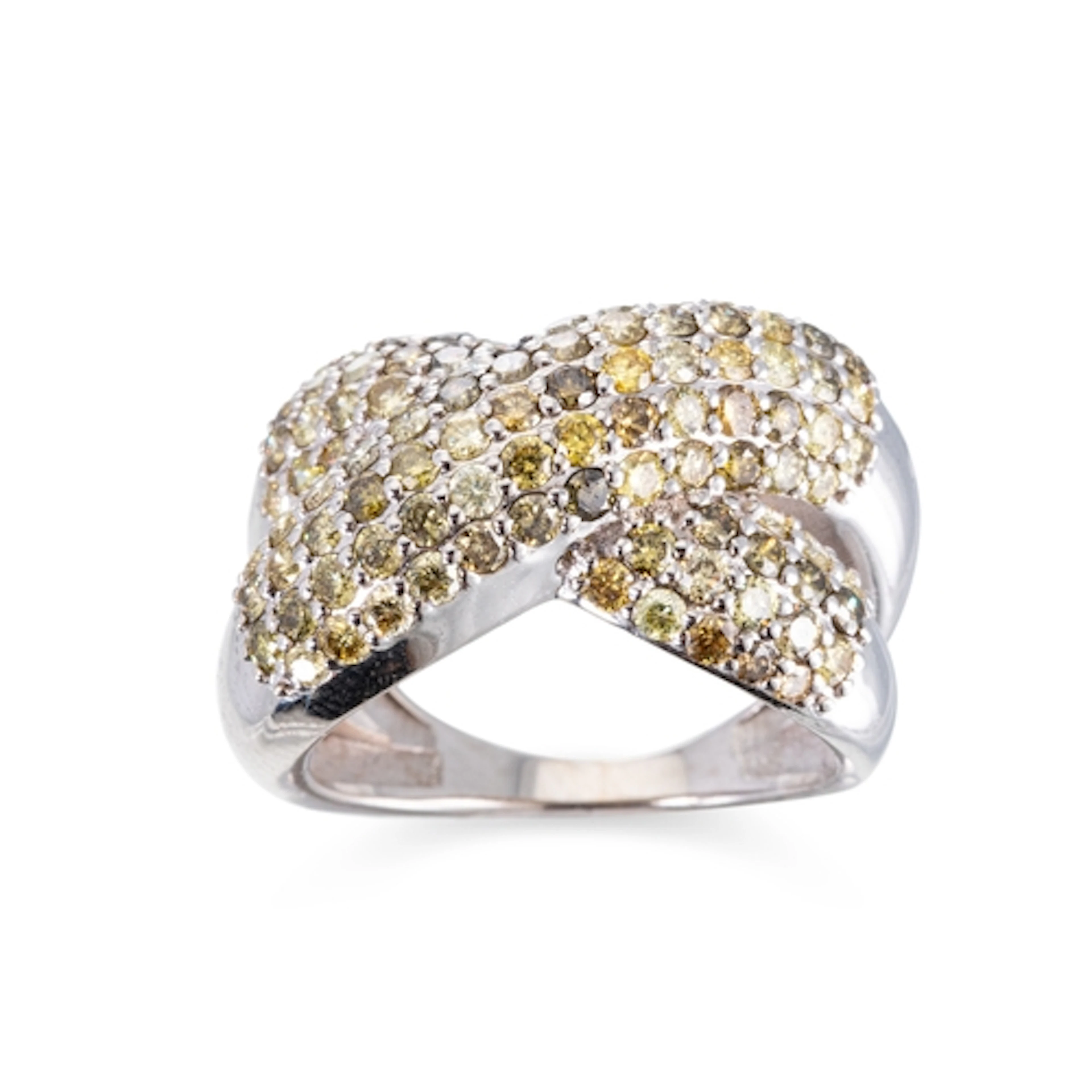A COLOURED DIAMOND CLUSTER RING, of crossover design, pavé s...