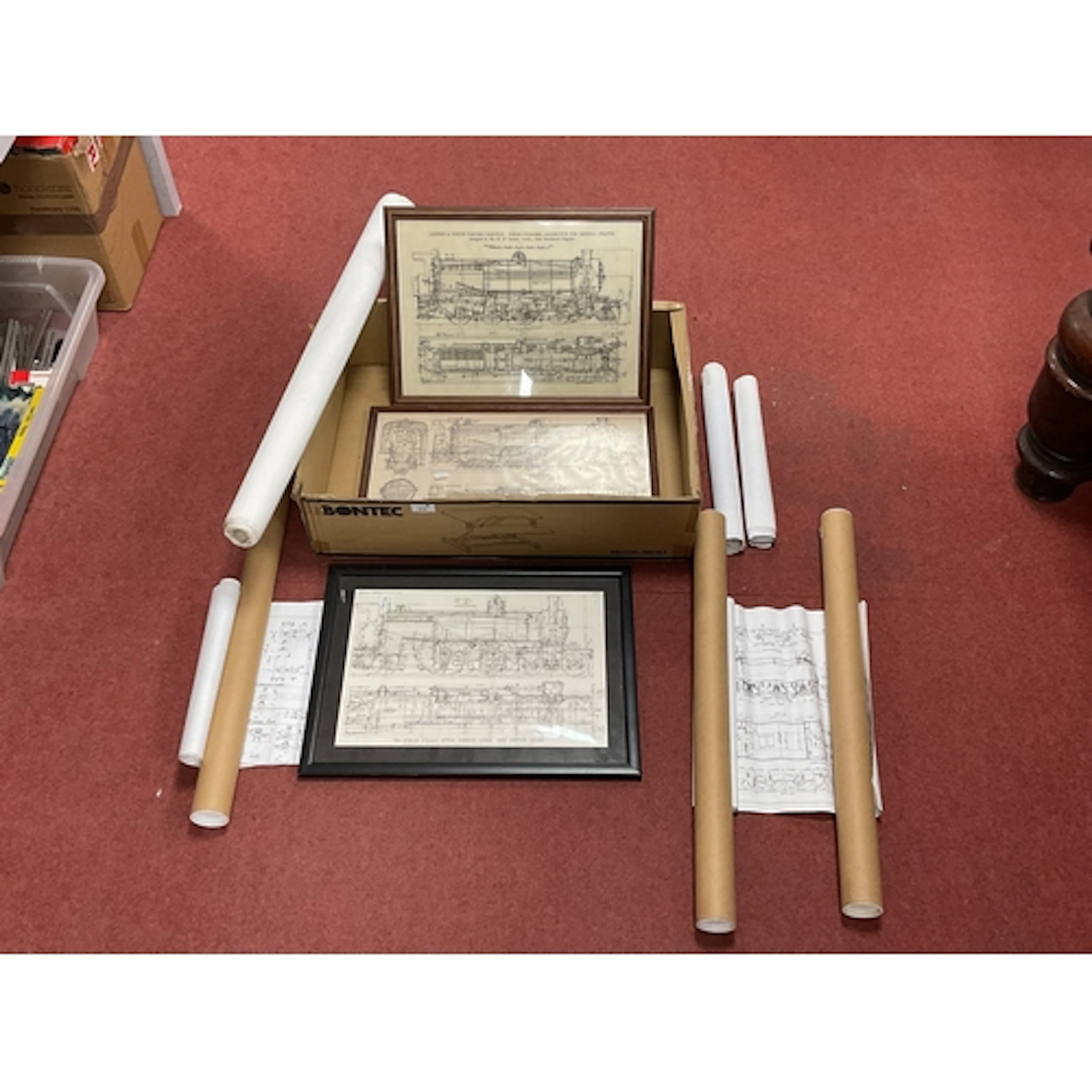 Three Framed Steam Locomotive Sectional Elevation Plans, etc...