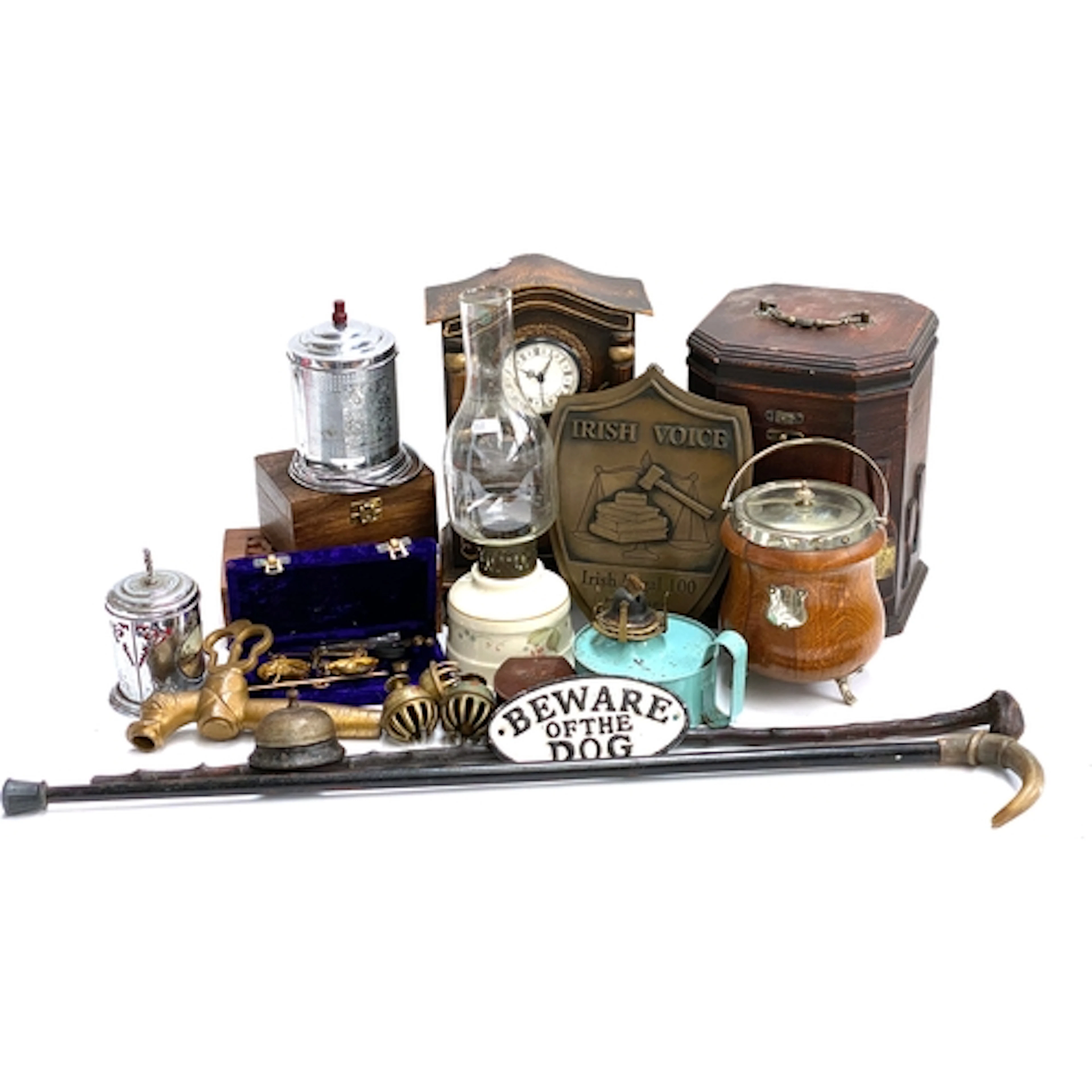 A mixed lot to include: vintage walking sticks, 'Beware of T...