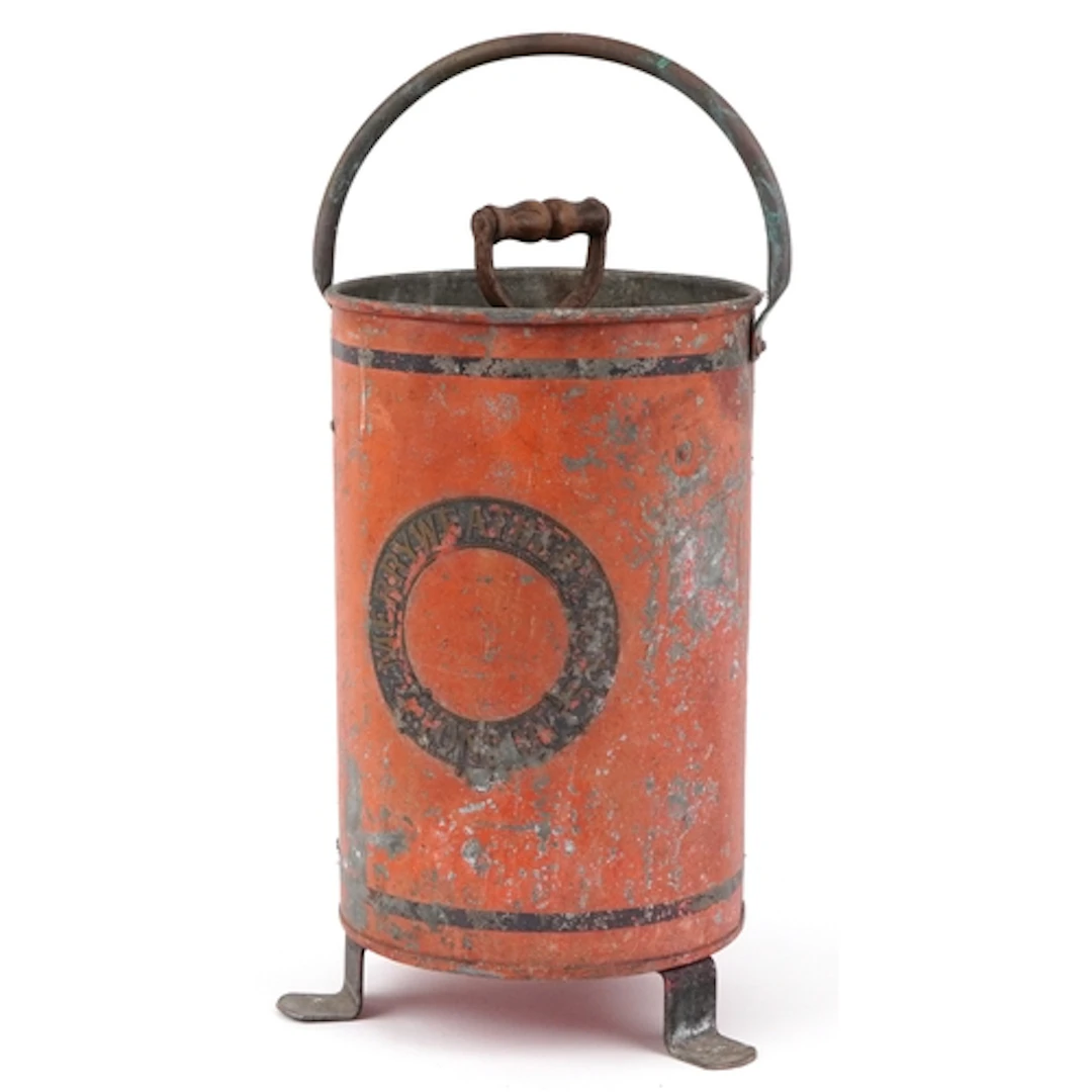 Vintage Merryweather enamelled tin corridor fire extinguishe...