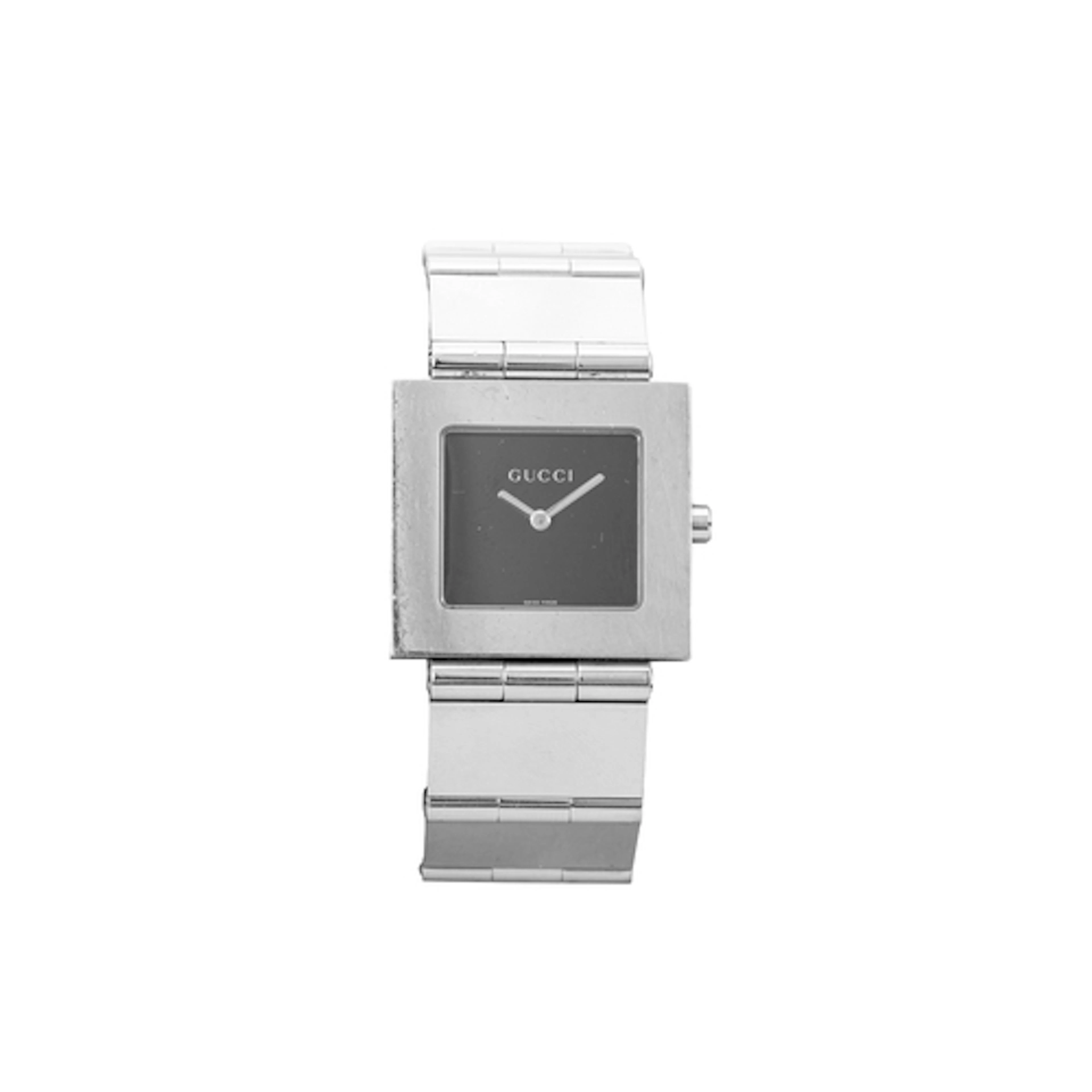 A MID-SIZED GUCCI WRIST WATCH, rectangular head with black f...