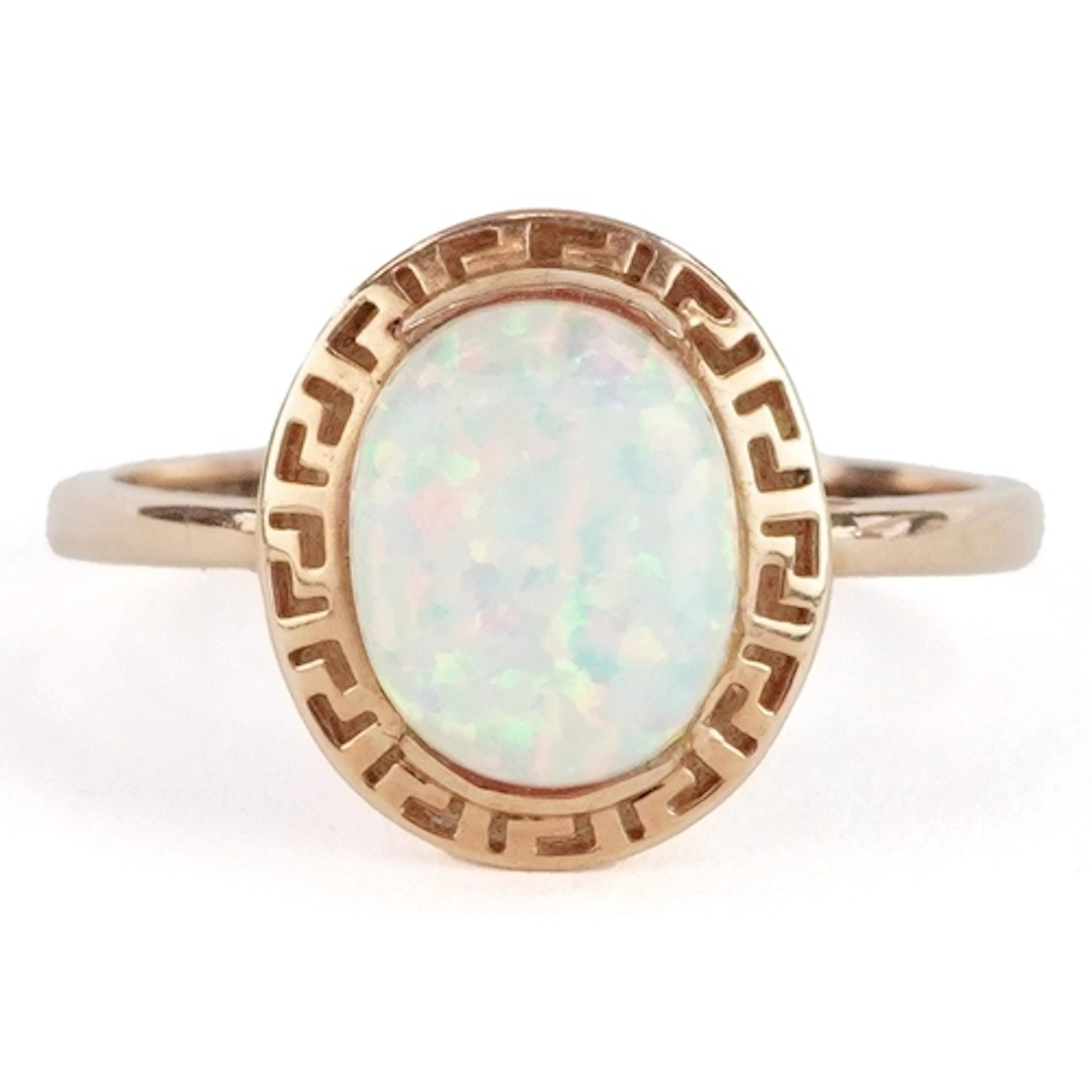 9ct gold cabochon opal ring with pierced Greek Key design se...