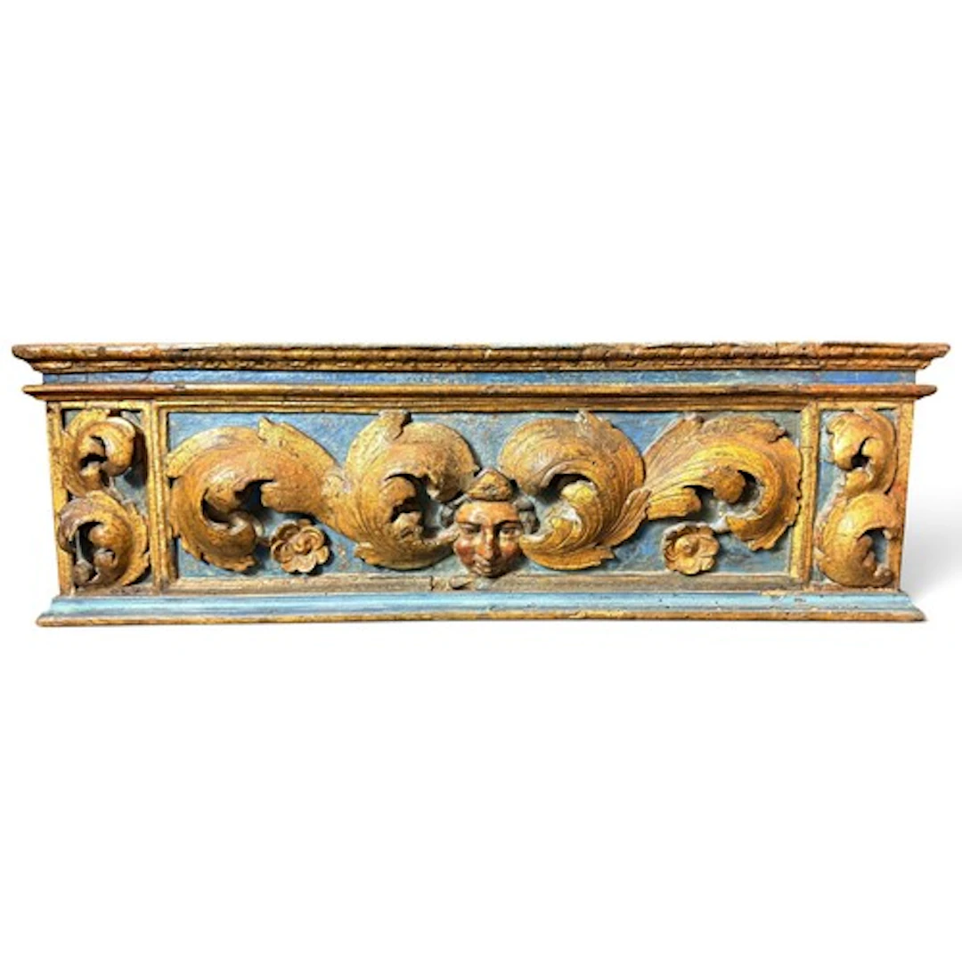 A carved wood, gilt gesso and polychrome painted frieze or p...