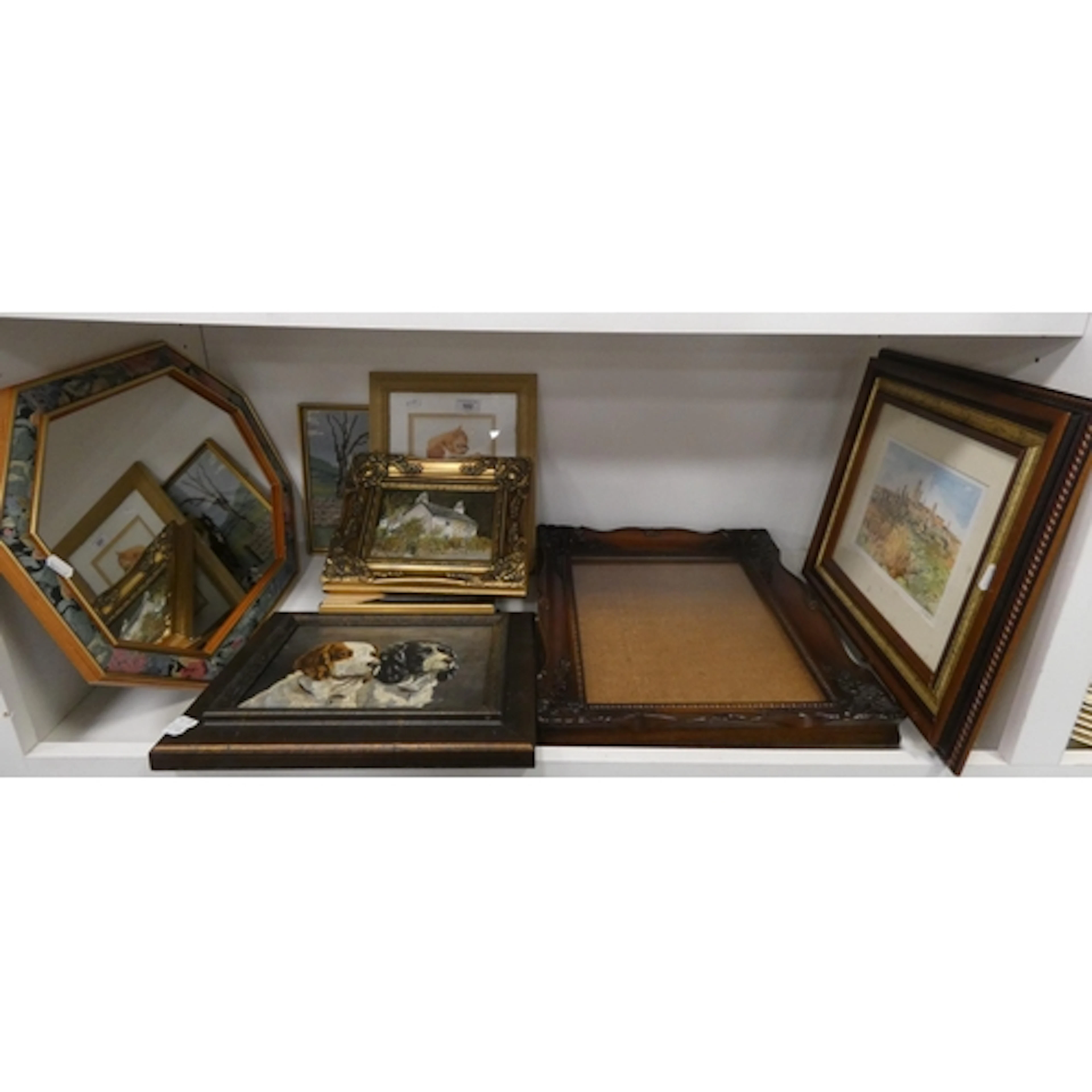 Collection of pictures and needlepoints to include an oil on...