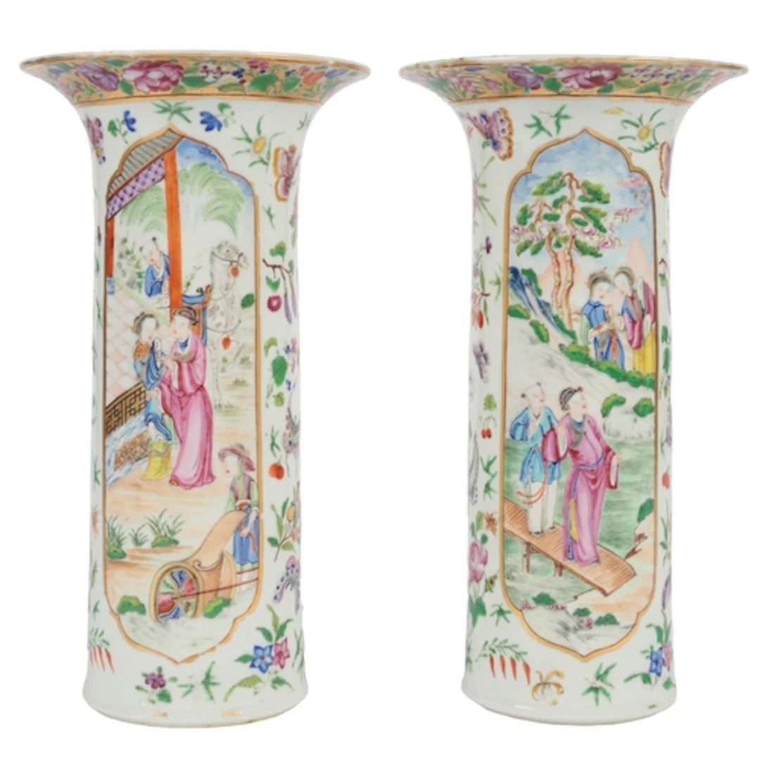 A pair of Chinese Guangzhou-decorated famille rose sleeve va...