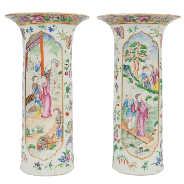 A pair of Chinese Guangzhou-decorated famille rose sleeve va...
