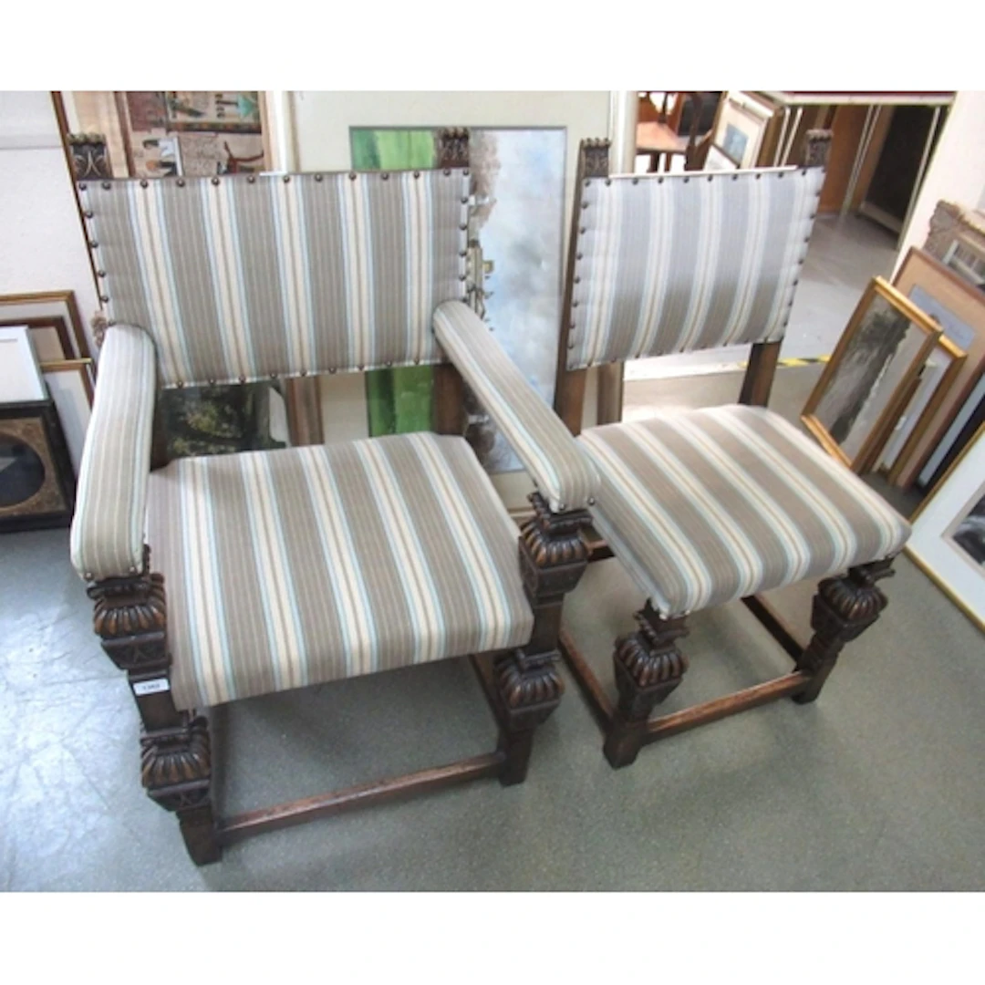 Set of eight (six plus two) oak dining room chairs with carv...