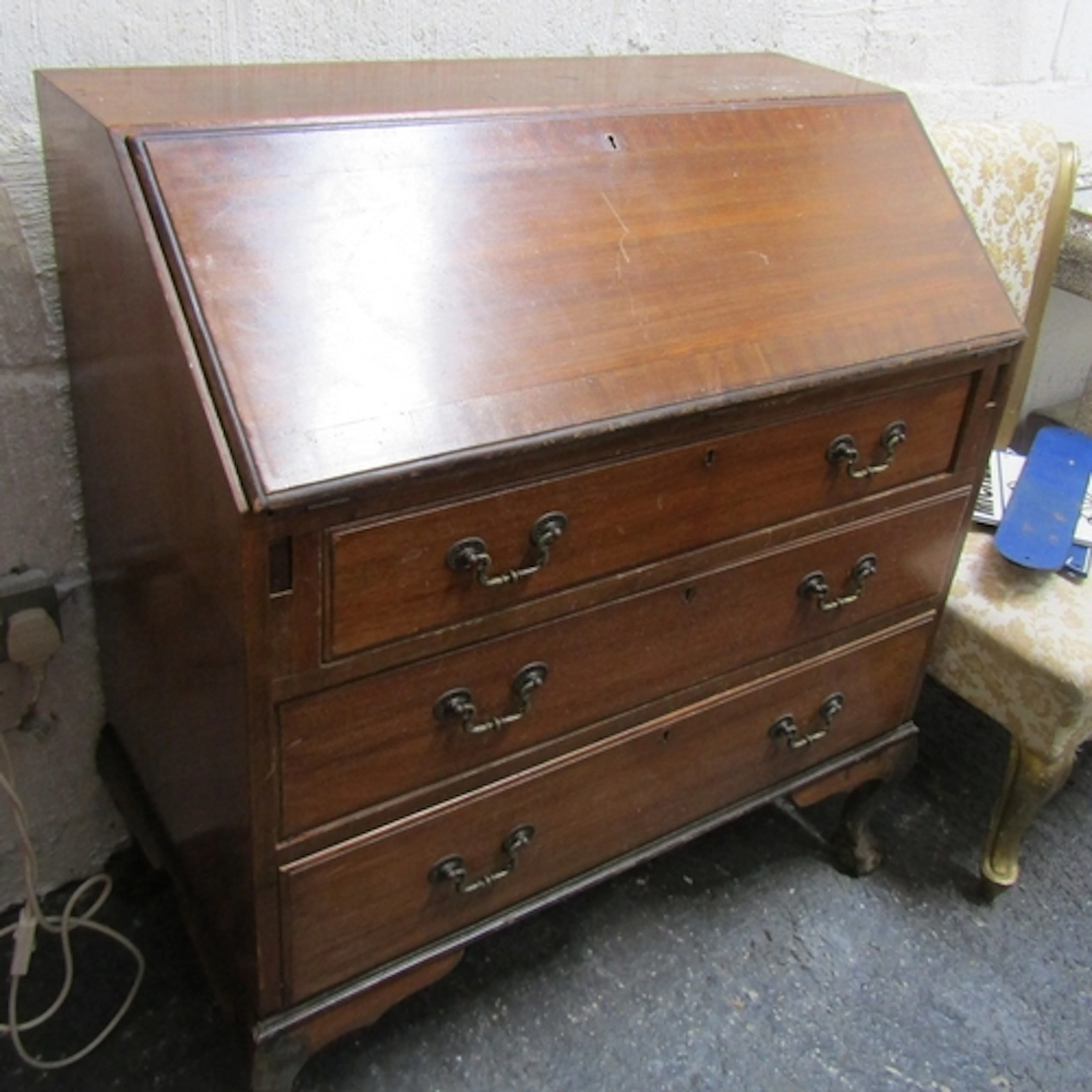 Antique Mahogany Bureau Fitted Interior Above Three Long Dra...