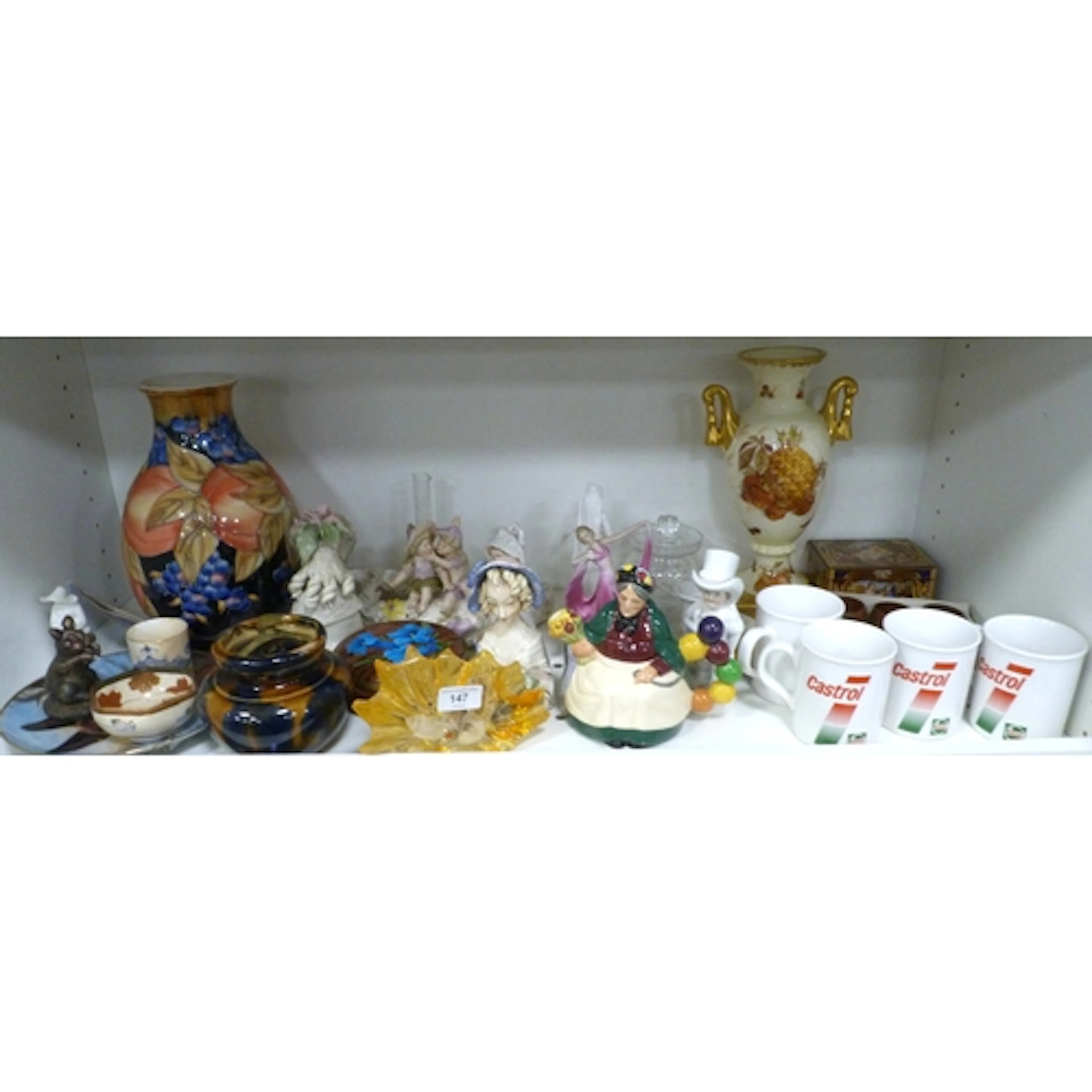 Shelf of porcelain to include Royal Doulton character tea po...