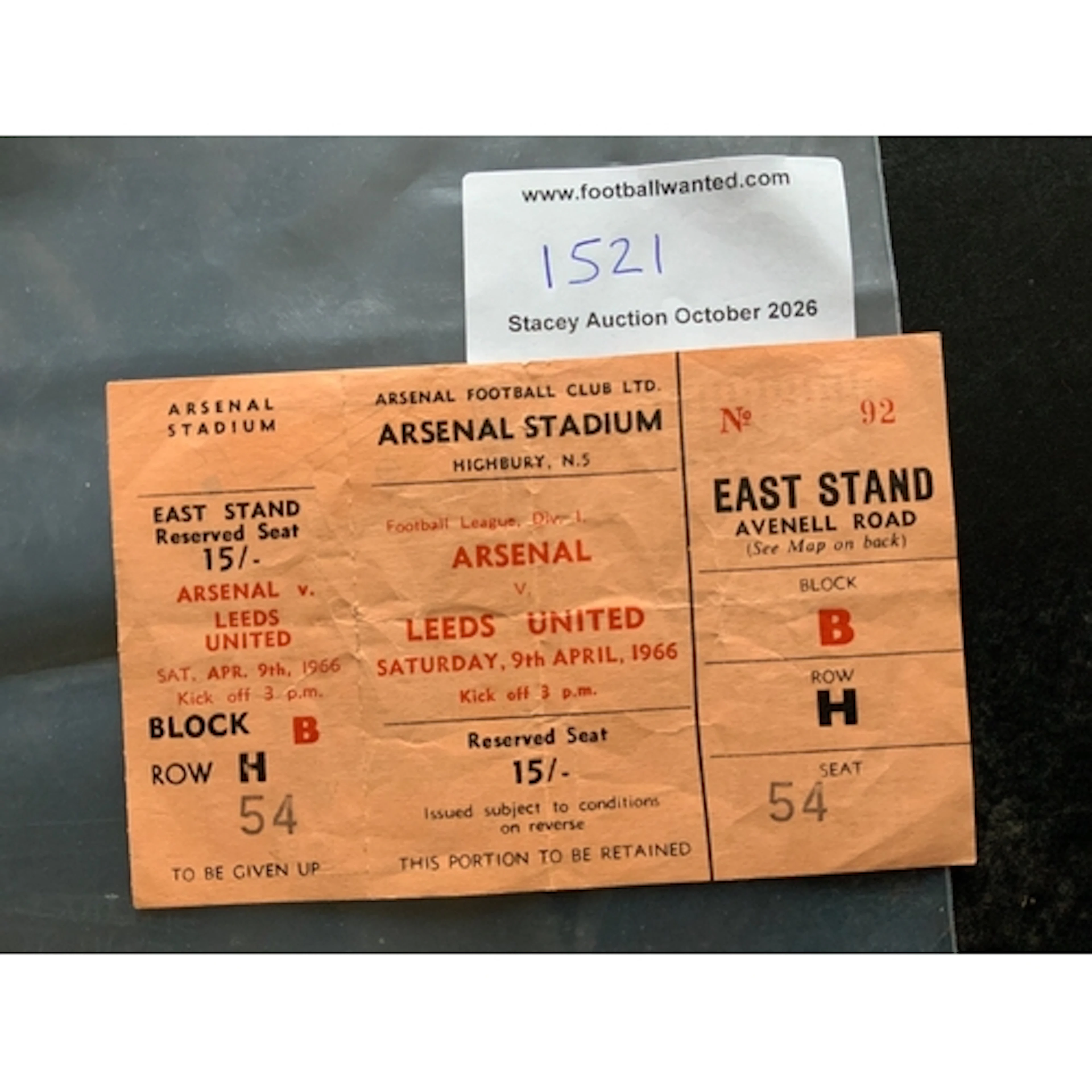 65/66 Arsenal v Leeds United Postponed Football Ticket: Unus...