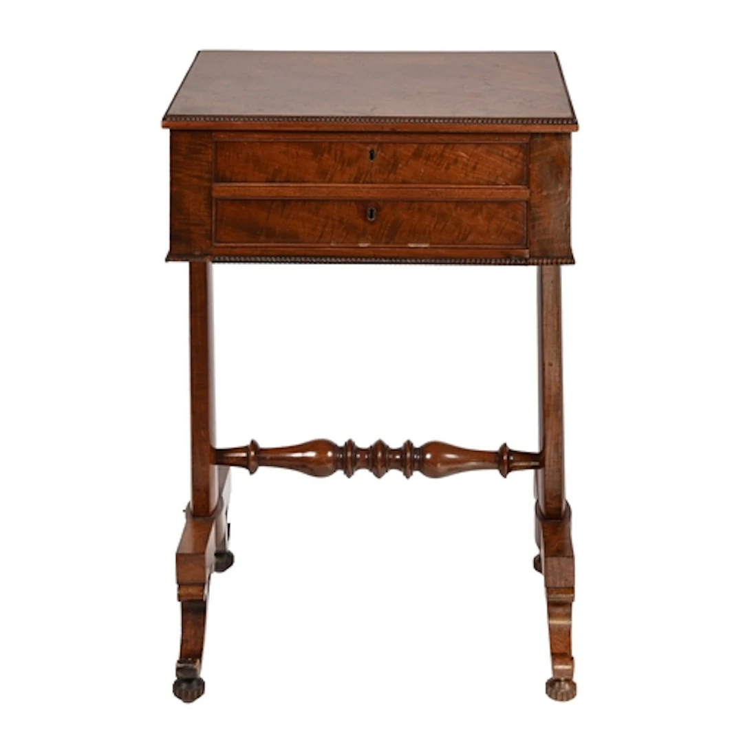 A George IV mahogany work table, the quarter bead finely fig...