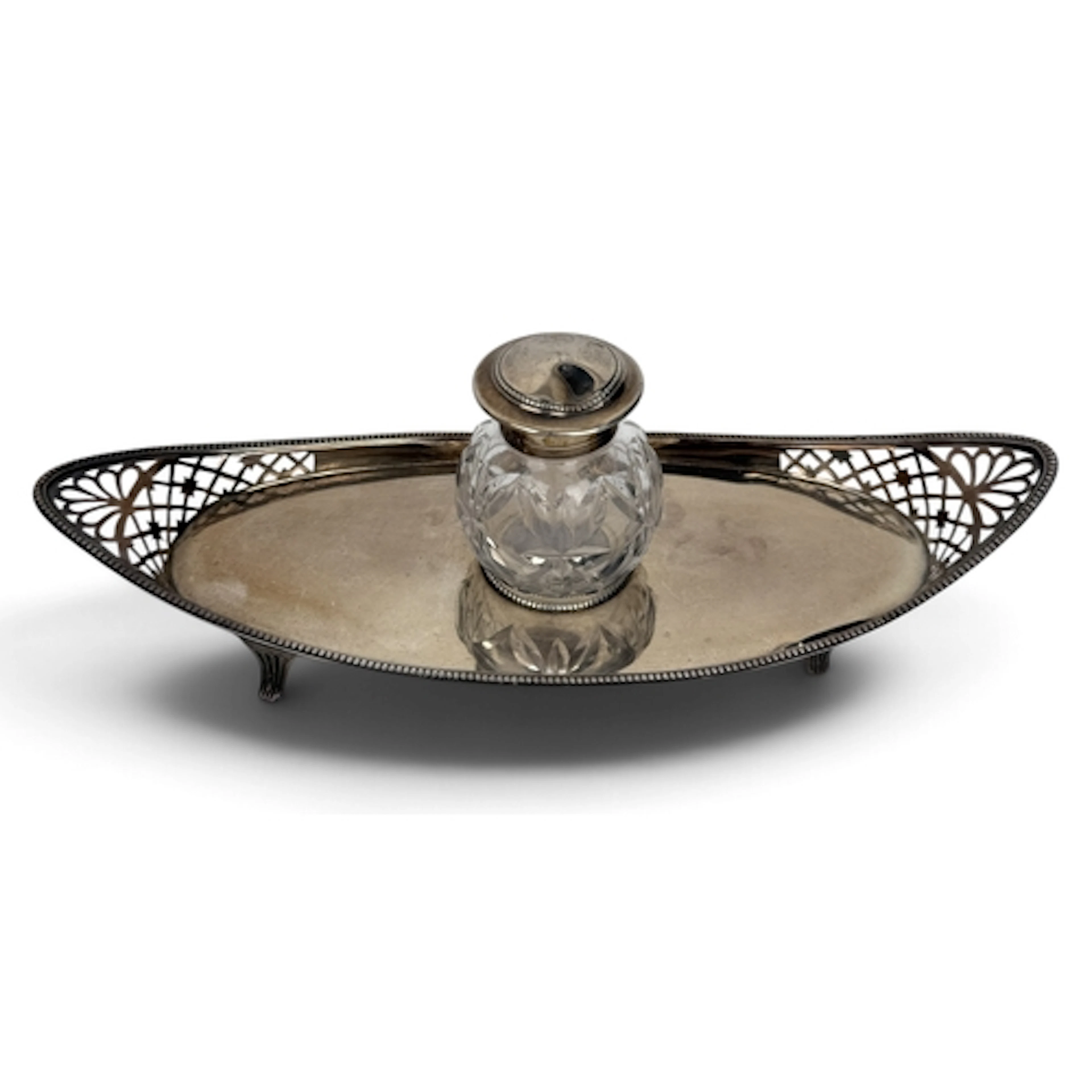 A VICTORIAN SILVER NAVETTE SHAPE INKSTAND, LONDON 1886 With ...