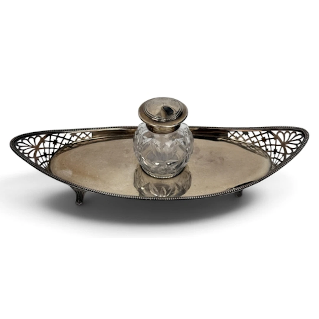 A VICTORIAN SILVER NAVETTE SHAPE INKSTAND, LONDON 1886 With ...