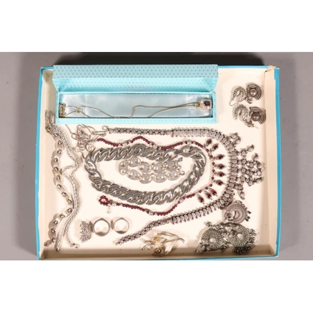 Silver and garnet fringe necklace, Etruscan style earrings, ...
