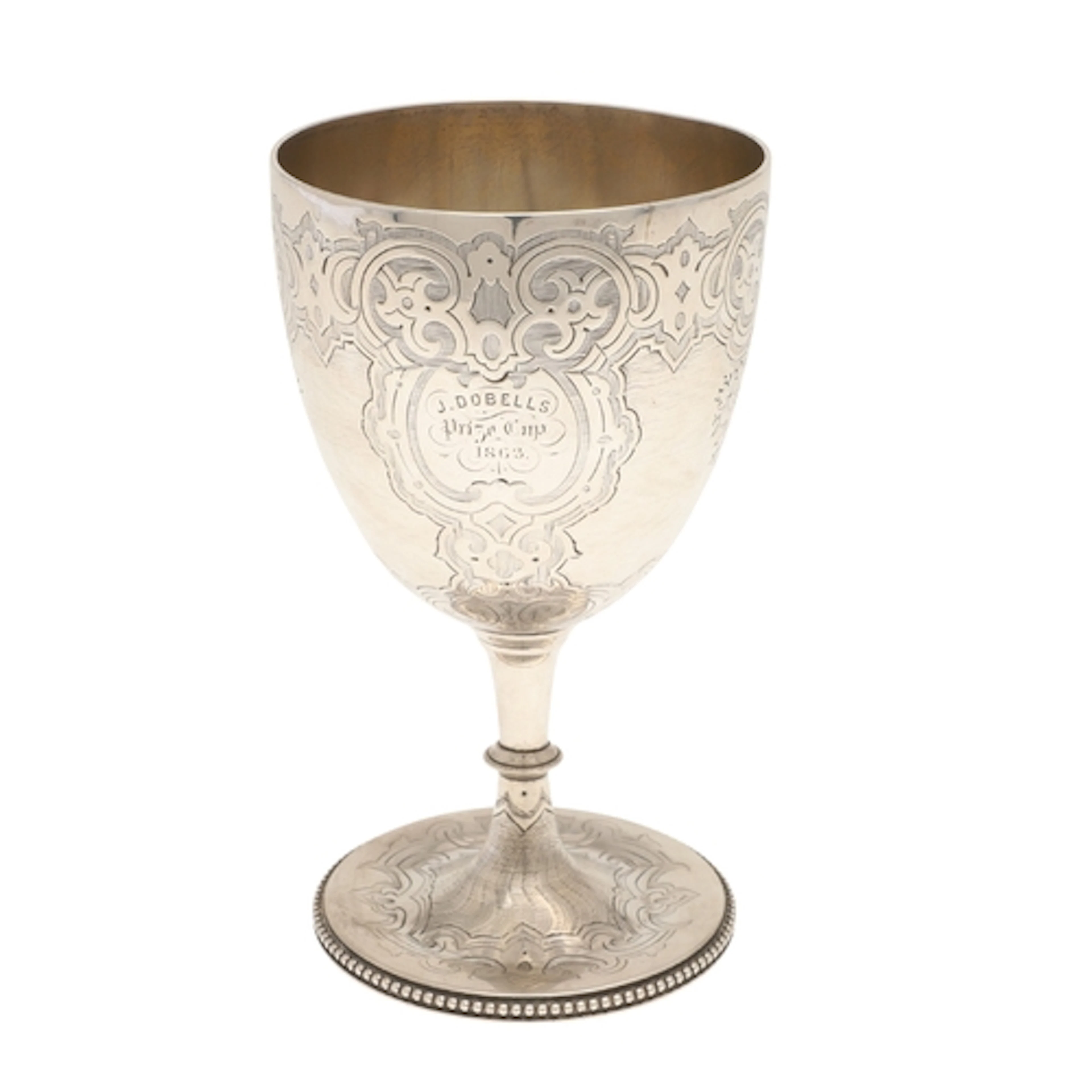 A VICTORIAN SILVER GOBLET. With engraved decoration, featuri...