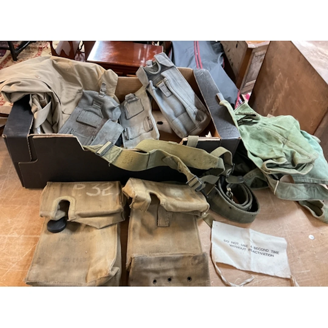 Qty WWII Era webbing items to inc buckets, radio equipment, ...
