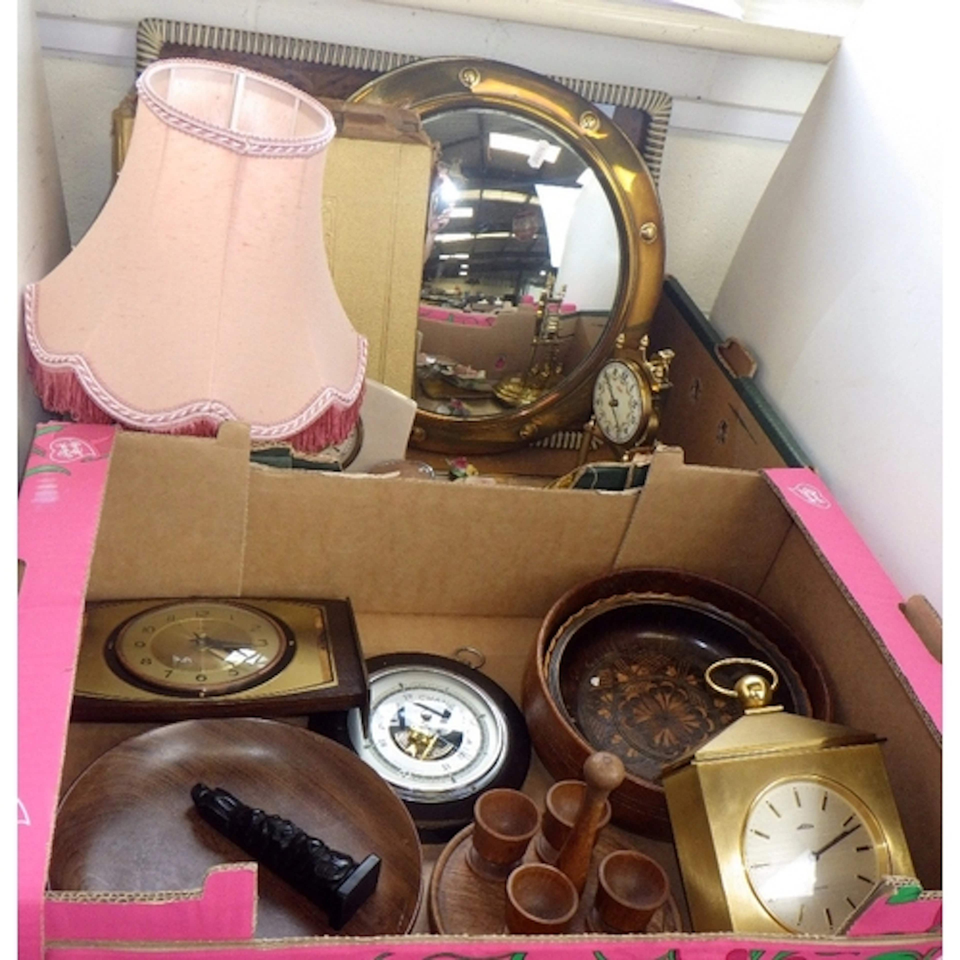 Two boxes of collectables to inc clock, convex mirror etc (2...